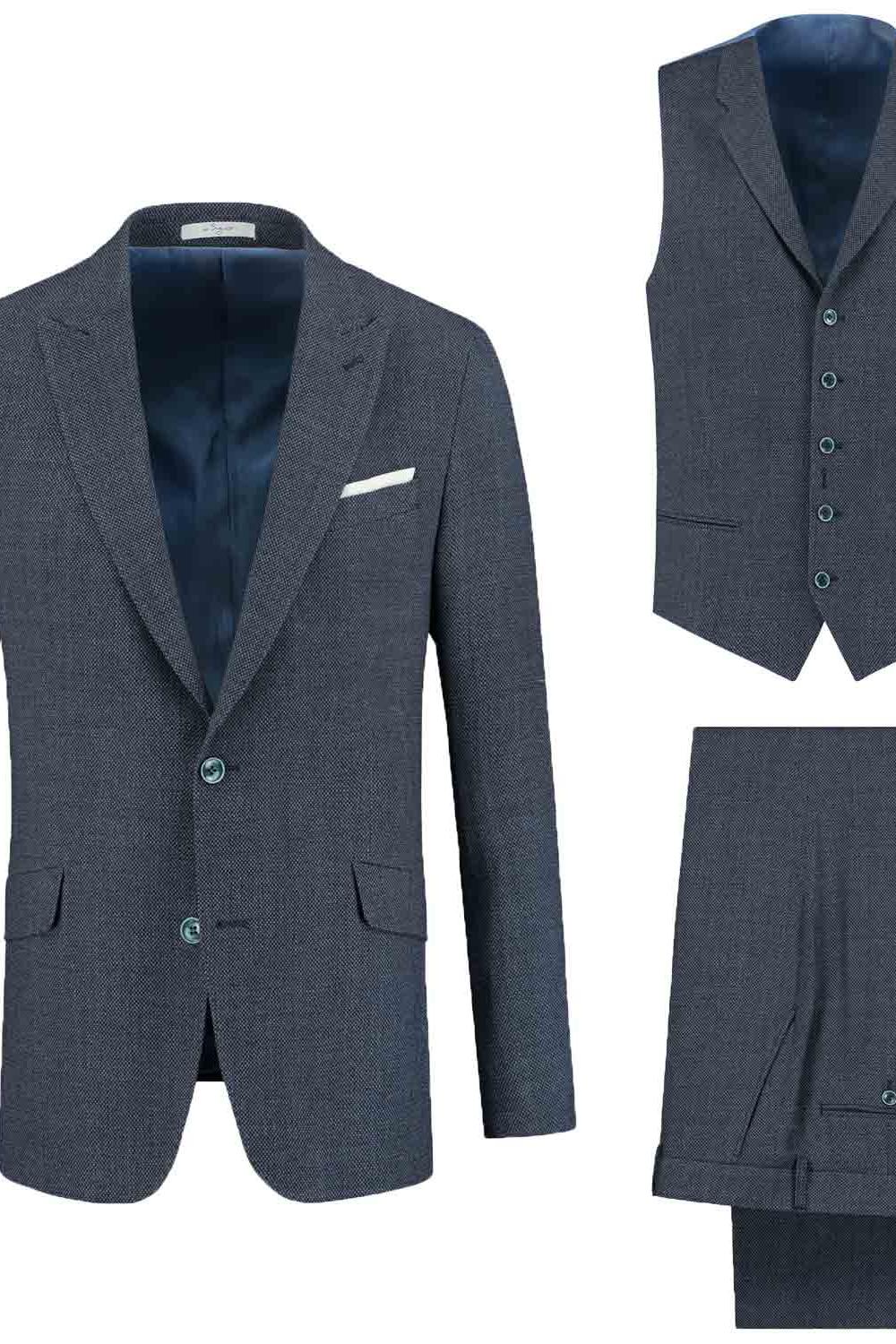 perSignori 3D Birdseye navy drie-delig pak met ademende wol, classy en modern design.