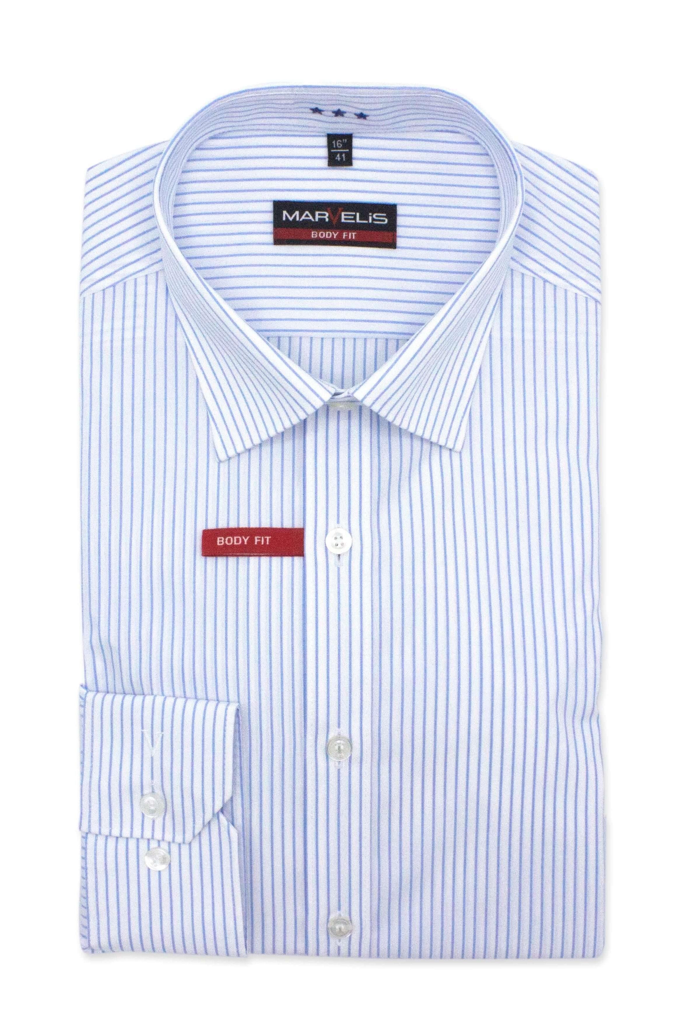 Marvelis body-fit stripes shirt with narrow stripes in cotton, designed to maintain shape and fit.