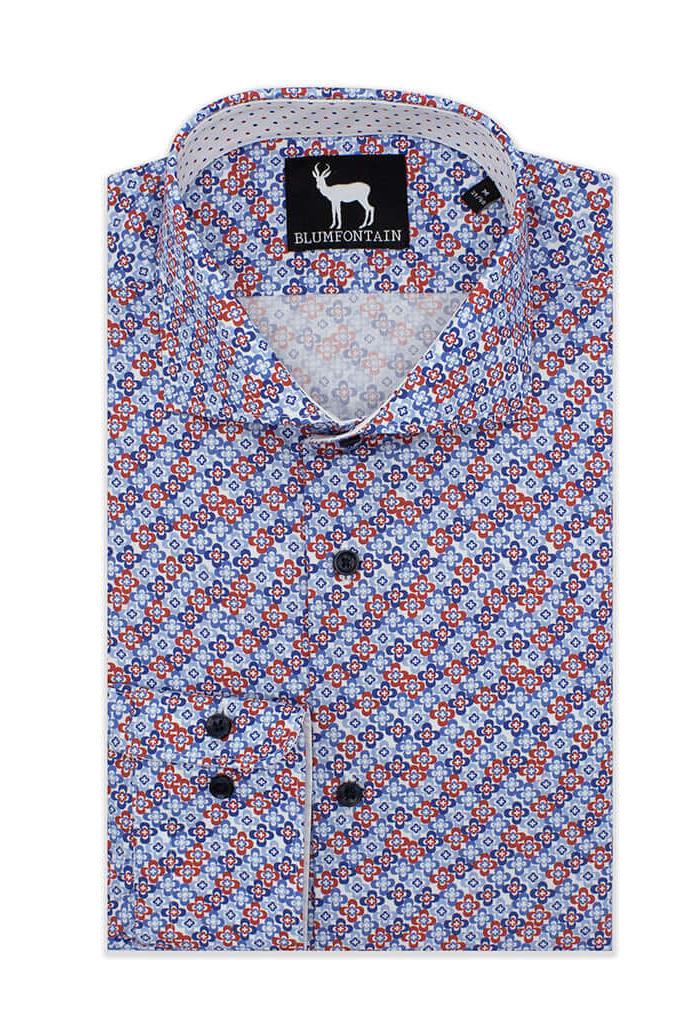 Blumfontain bloemprint blauwrood overhemd met frisse bloemprint in blauw en rood kleurstelling.