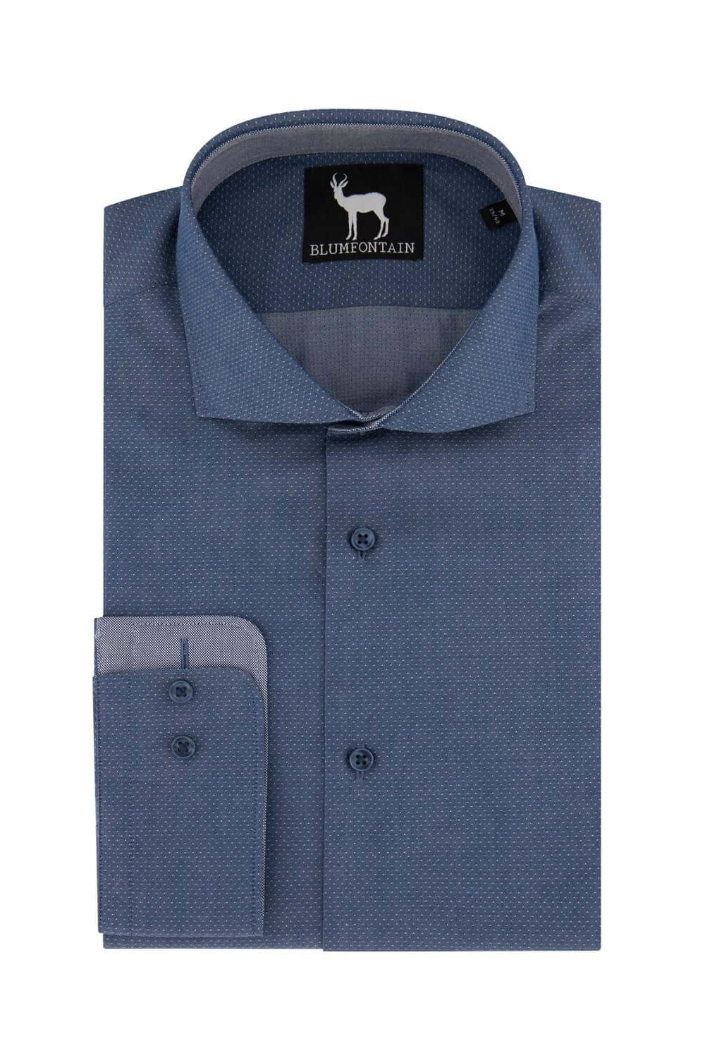 Blumfontain polkadot denim-blauw katoenen overhemd met micro-polkadot en klassieke kraag.