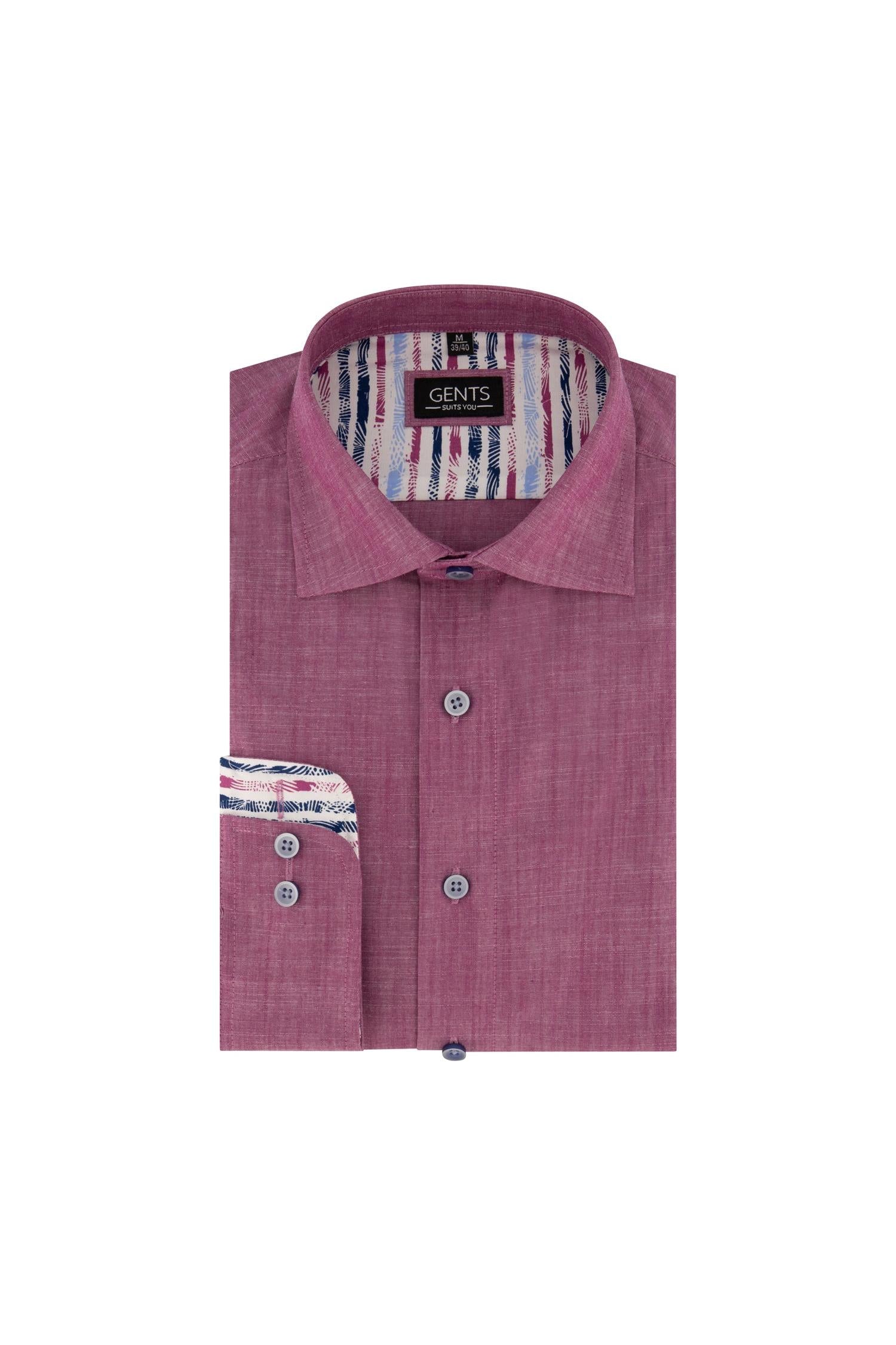 Overhemd linnenlook cerise in rood katoen met linnenlook en semi-spread kraag, stijlvolle herenmode.