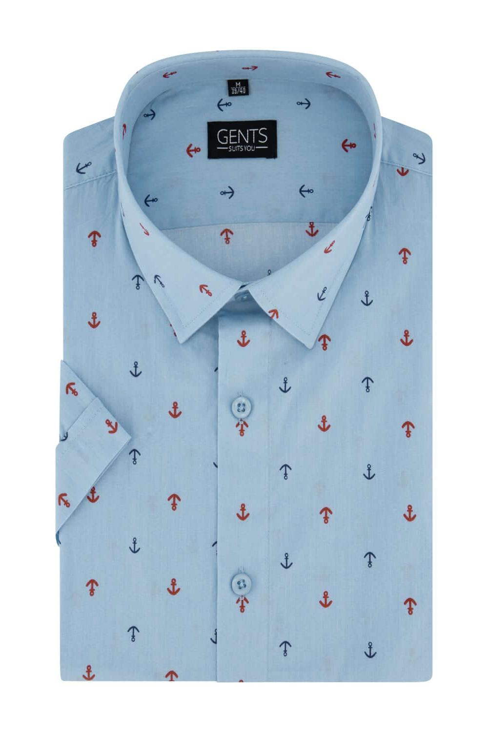 Korte mouw anker lichtblauw katoenen overhemd met ankerprint in lichtblauw ademend.