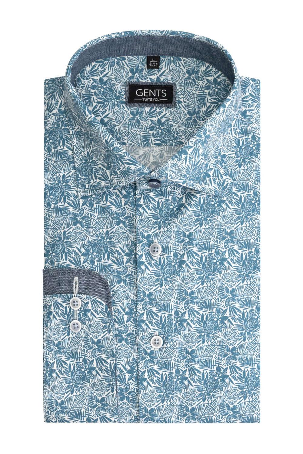 Overhemd Print bloem zeeblauw, moderne katoenen overhemd met bloemen in zeeblauw.
