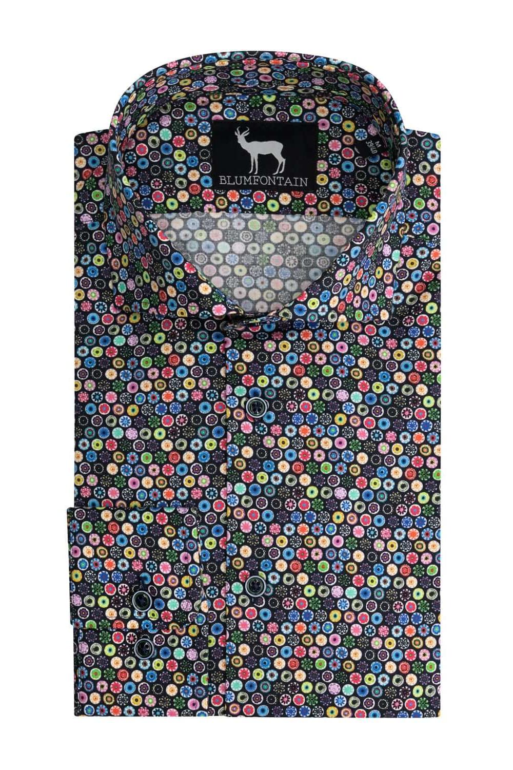 Blumfontain print multikleur katoenen overhemd met multikleurig microprint op donkere basis.
