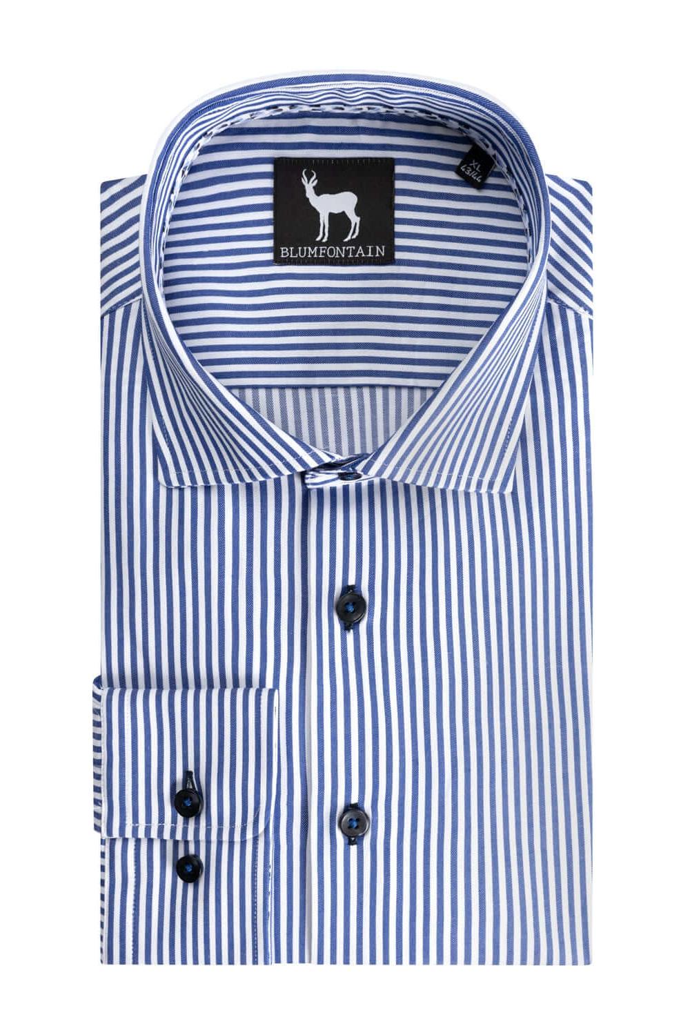 Streep blauw-wit katoenen overhemd met semi-spread kraag, blauw-wit verticale strepen, stijlvolle herenmode.