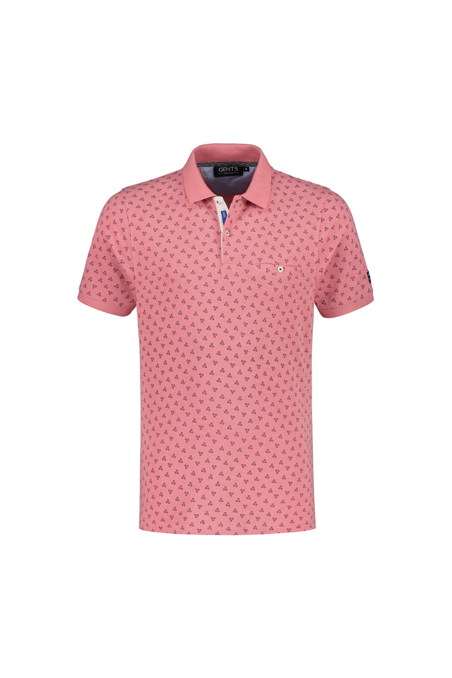 Koraalkleurige polo met miniprint, zacht en ademend, Polo miniprint koraal.