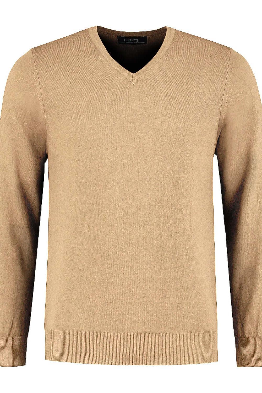 V-neck melange zand ademende katoenen trui in zand melange kleur, veelzijdig en comfortabel.