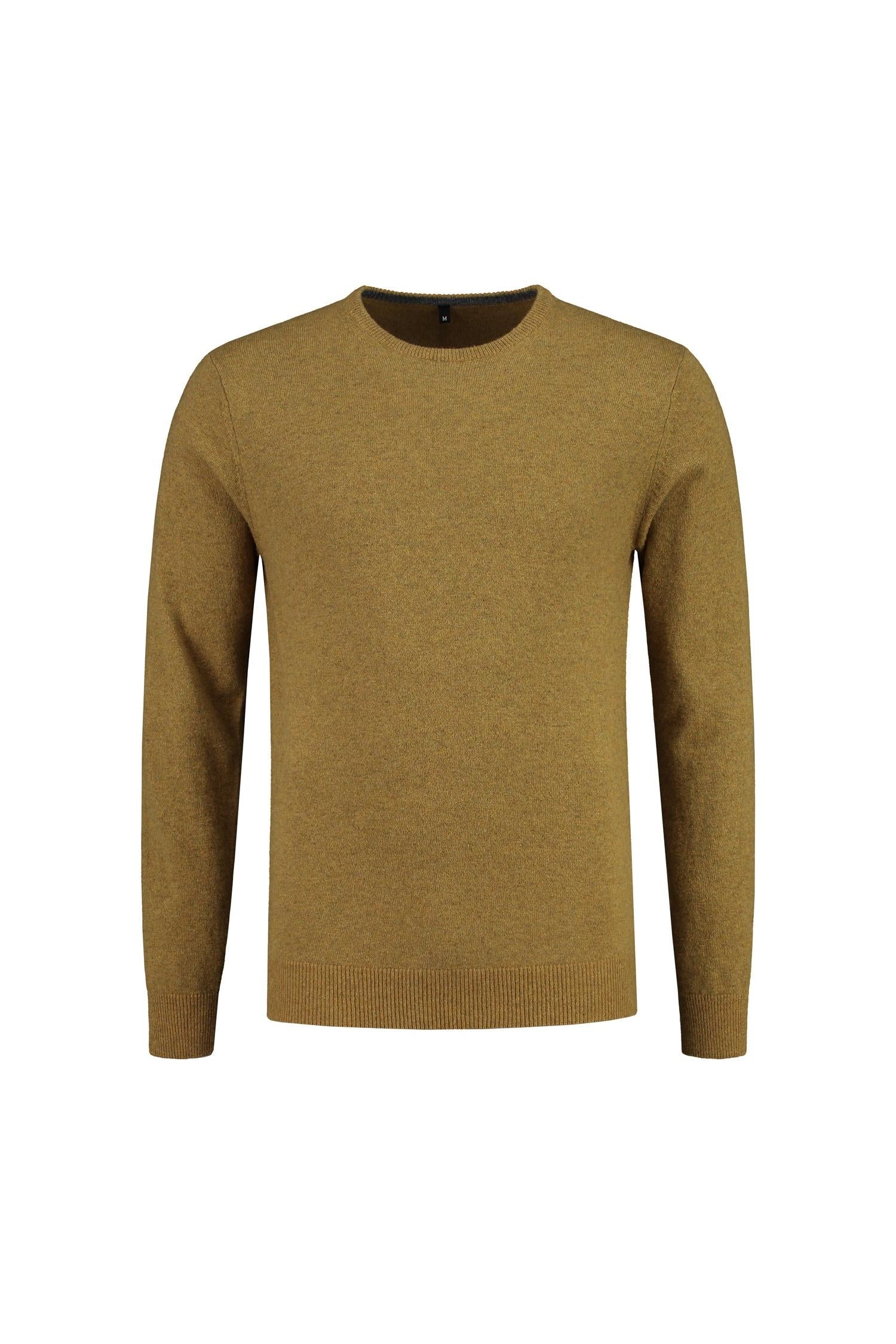 Trui ronde hals mosterd wol, mosterdkleurige wol-nylon trui met ronde hals voor stijl en warmte.