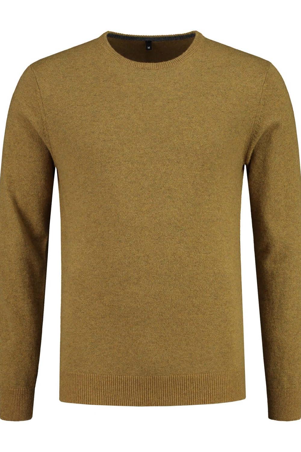 Trui ronde hals mosterd wol, mosterdkleurige ronde hals trui van wol-nylon, warmte en stijl.