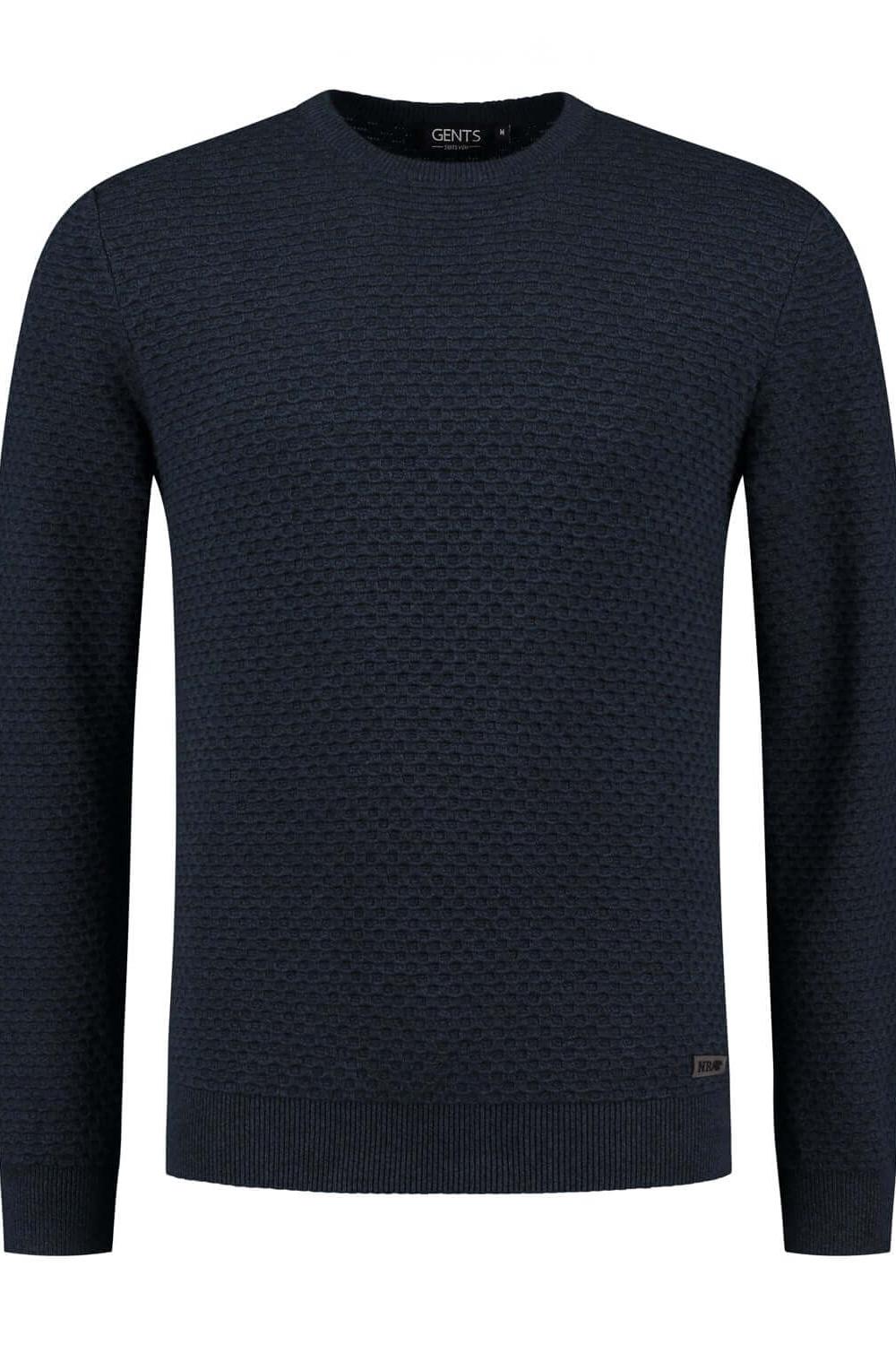 Roundneck jacquard blauw ademende katoenen trui met jacquard en ronde hals in blauw.