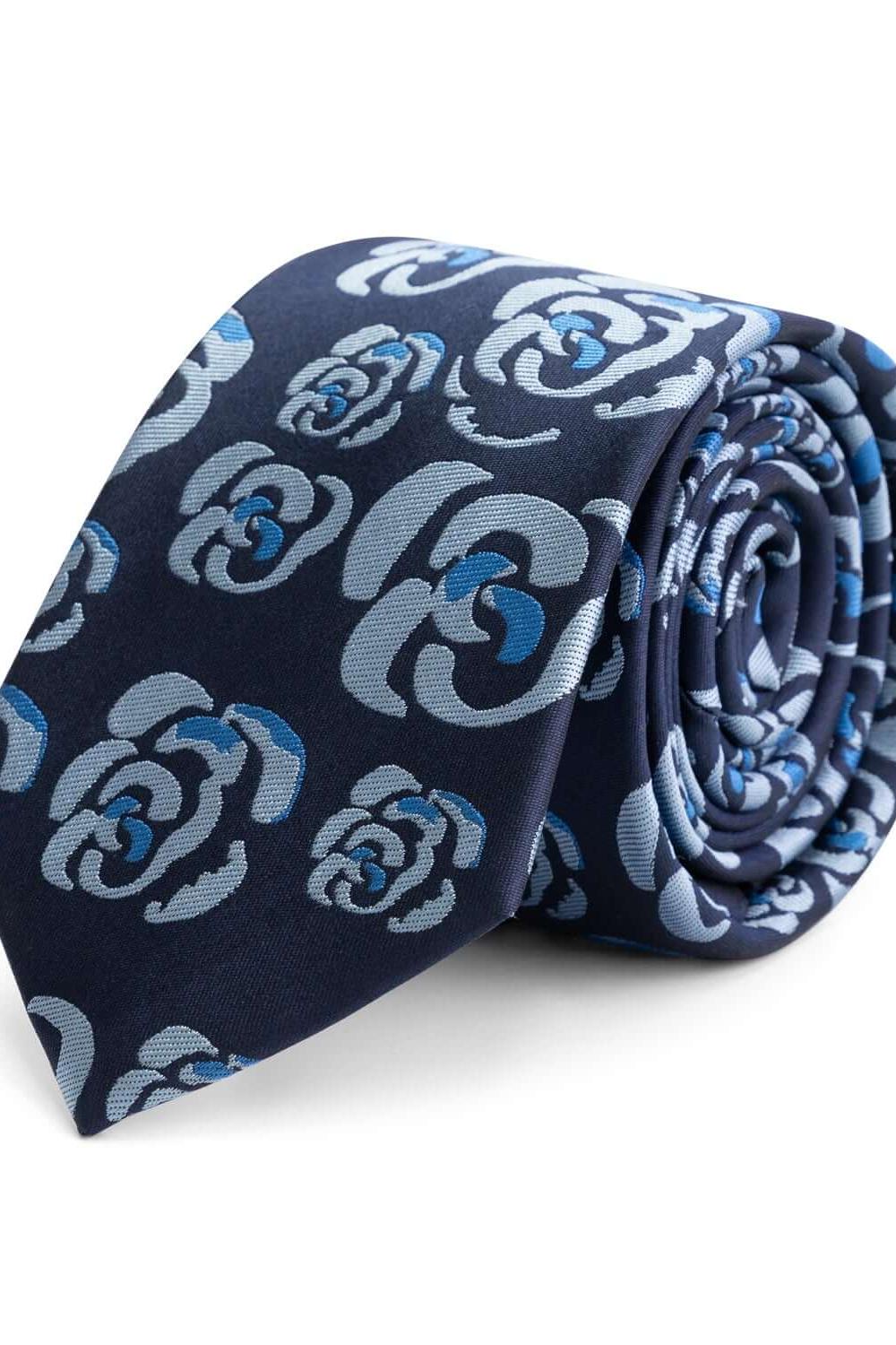 Stropdas zijde Blauw Bloem, jacquard bloemmotief in blauwtinten, glanzend, elegante zijden stropdas.