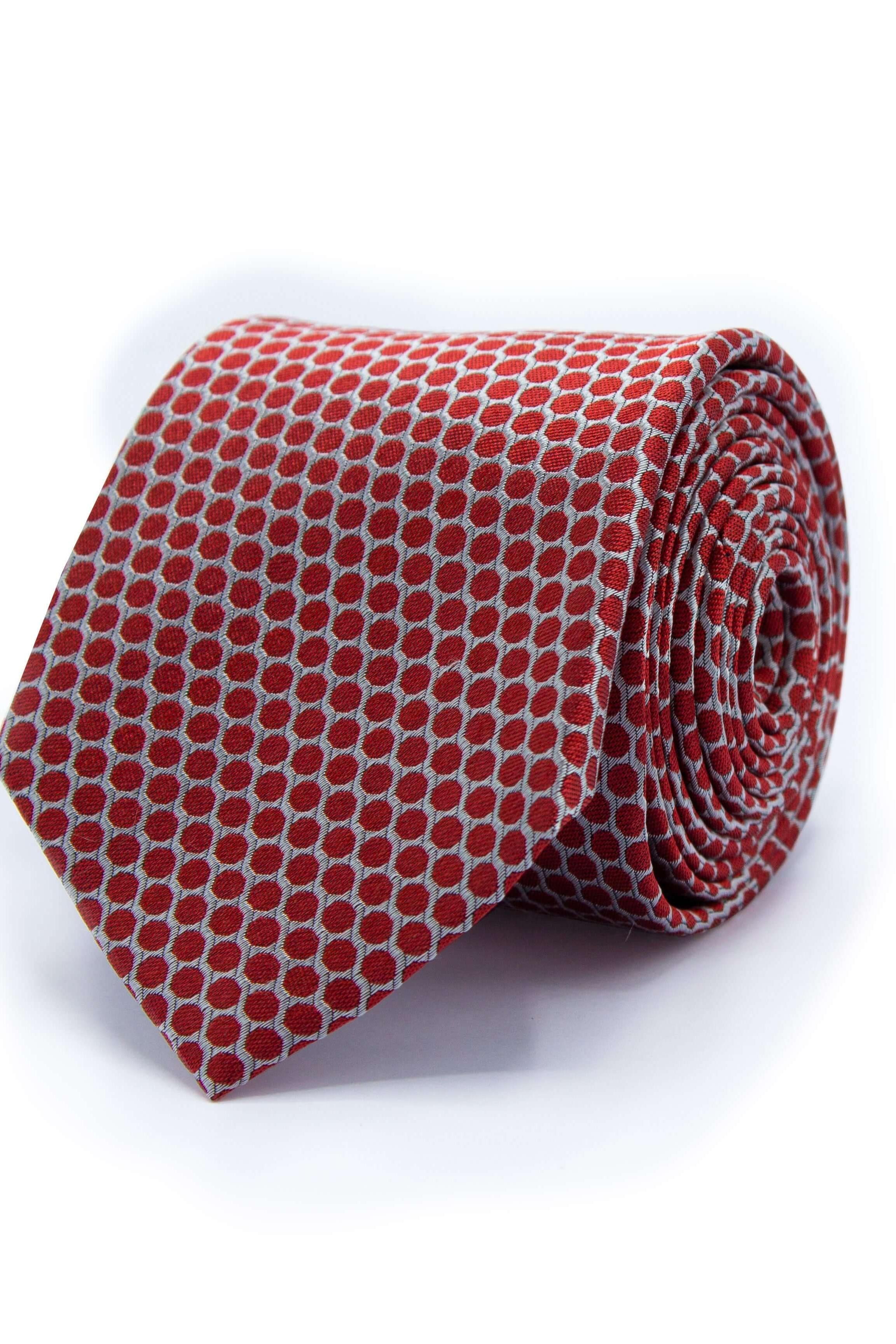 Stropdas collectie rood, stijlvolle stropdas met herhalend stippenpatroon in rood en grijs.