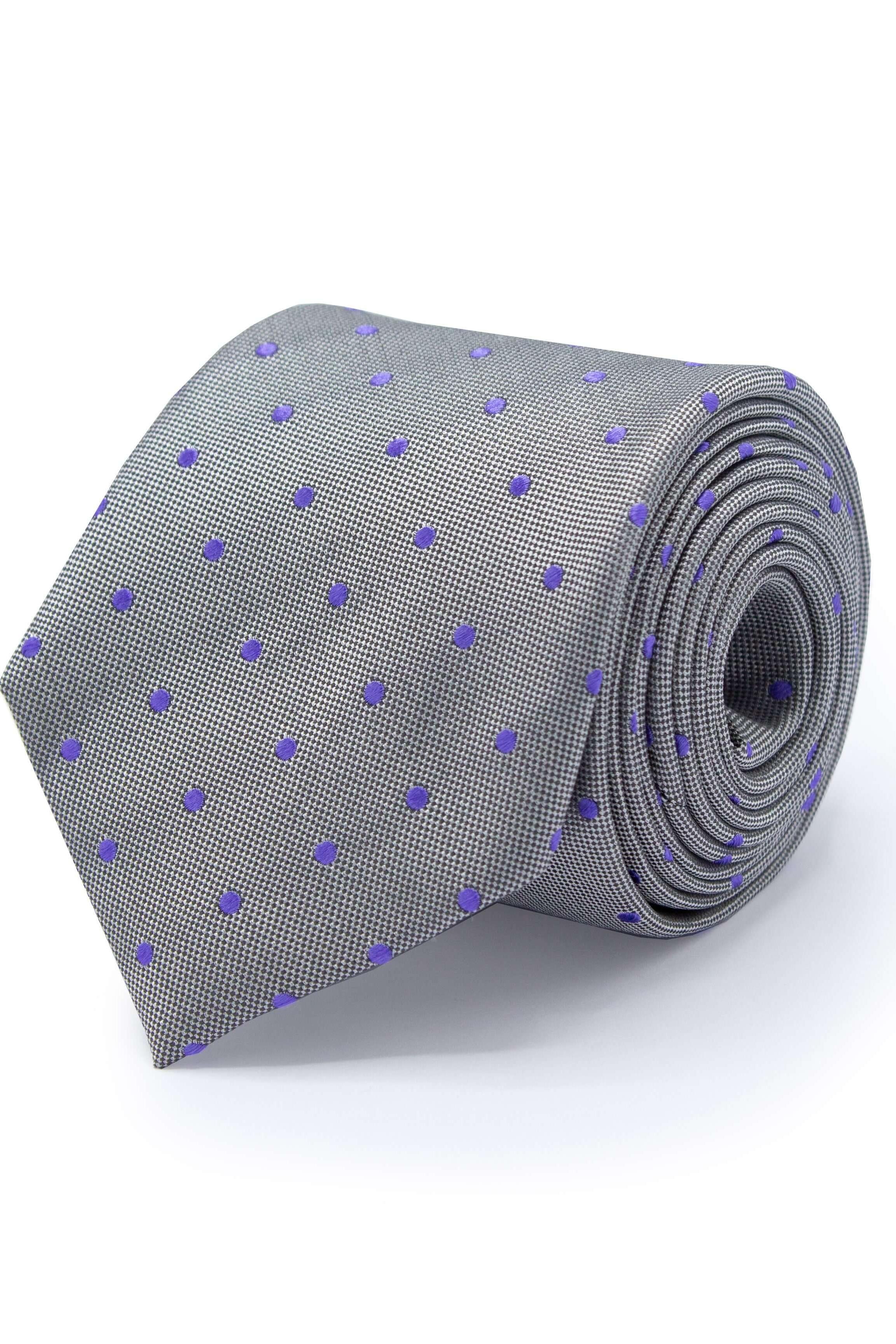 Stropdas zijde grijs met subtiele glans en paarse stippen, perfect voor formele en zakelijke gelegenheden.