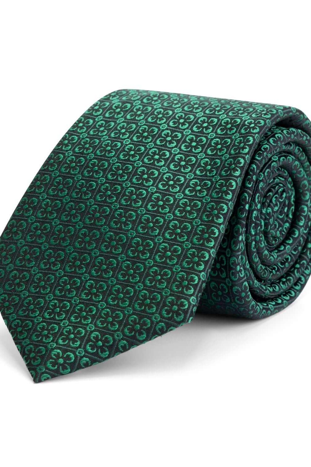Stropdas zijde Klaver Groen, groene zijden stropdas met klavermotief en jacquardtextuur.