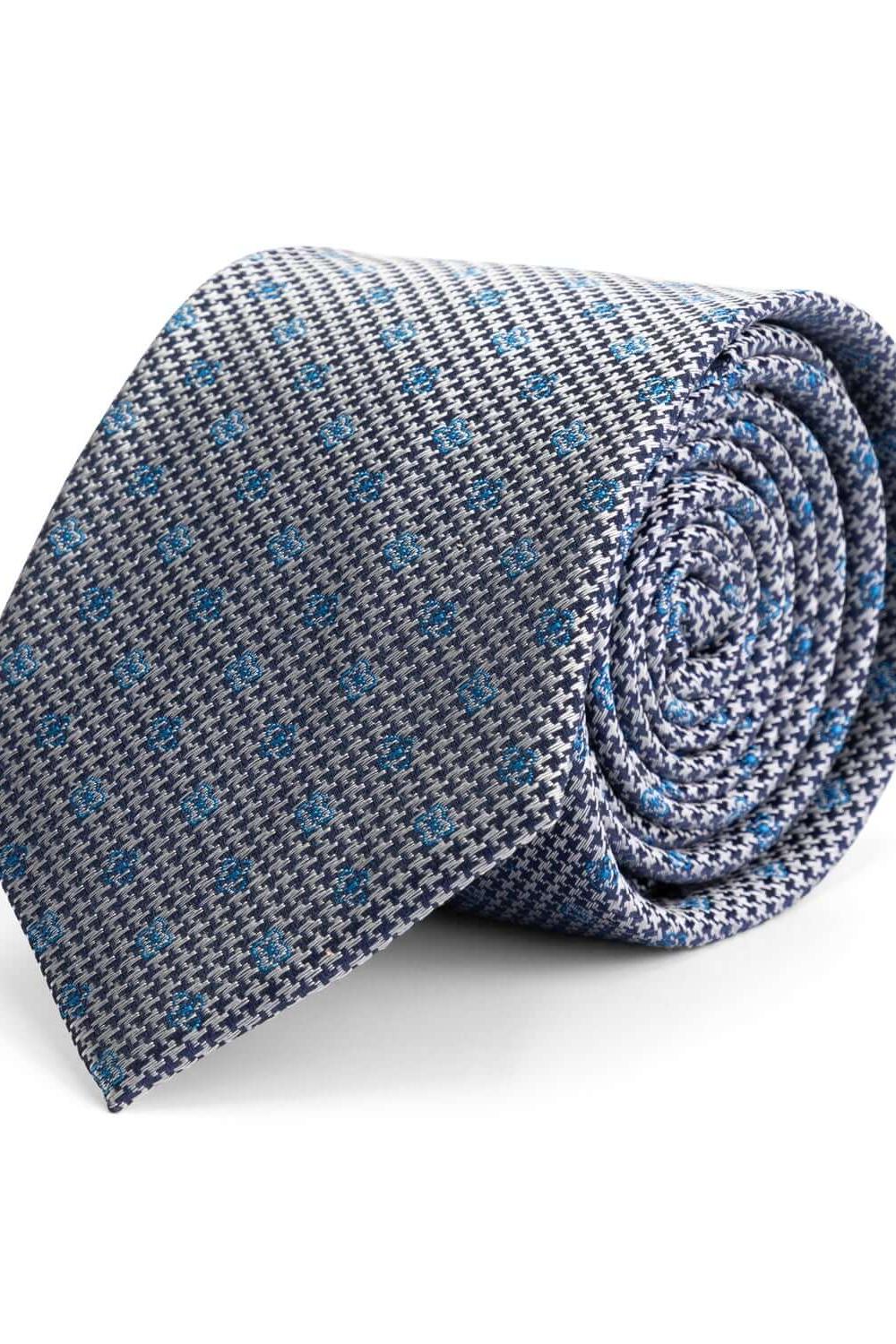 Stropdas zijde in zwartgrijs met jacquard microdessin en blauwe accenten, elegant en stijlvol.