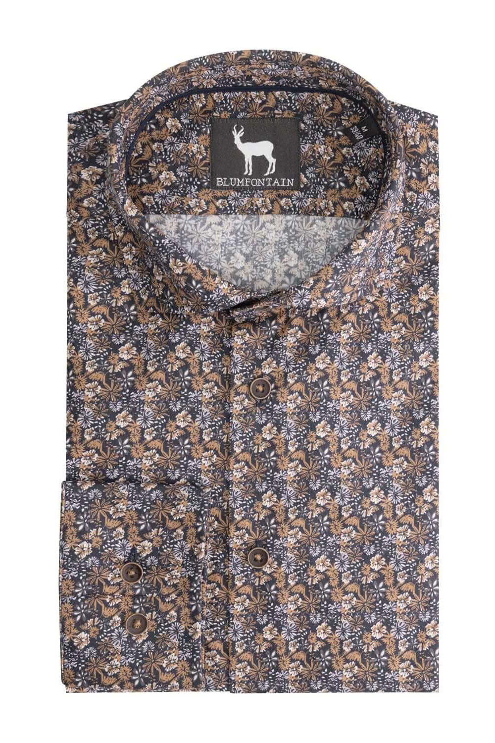 Bloemprint navy-bruin ML7 katoenen blouse met bloemprint en knoopsluiting.