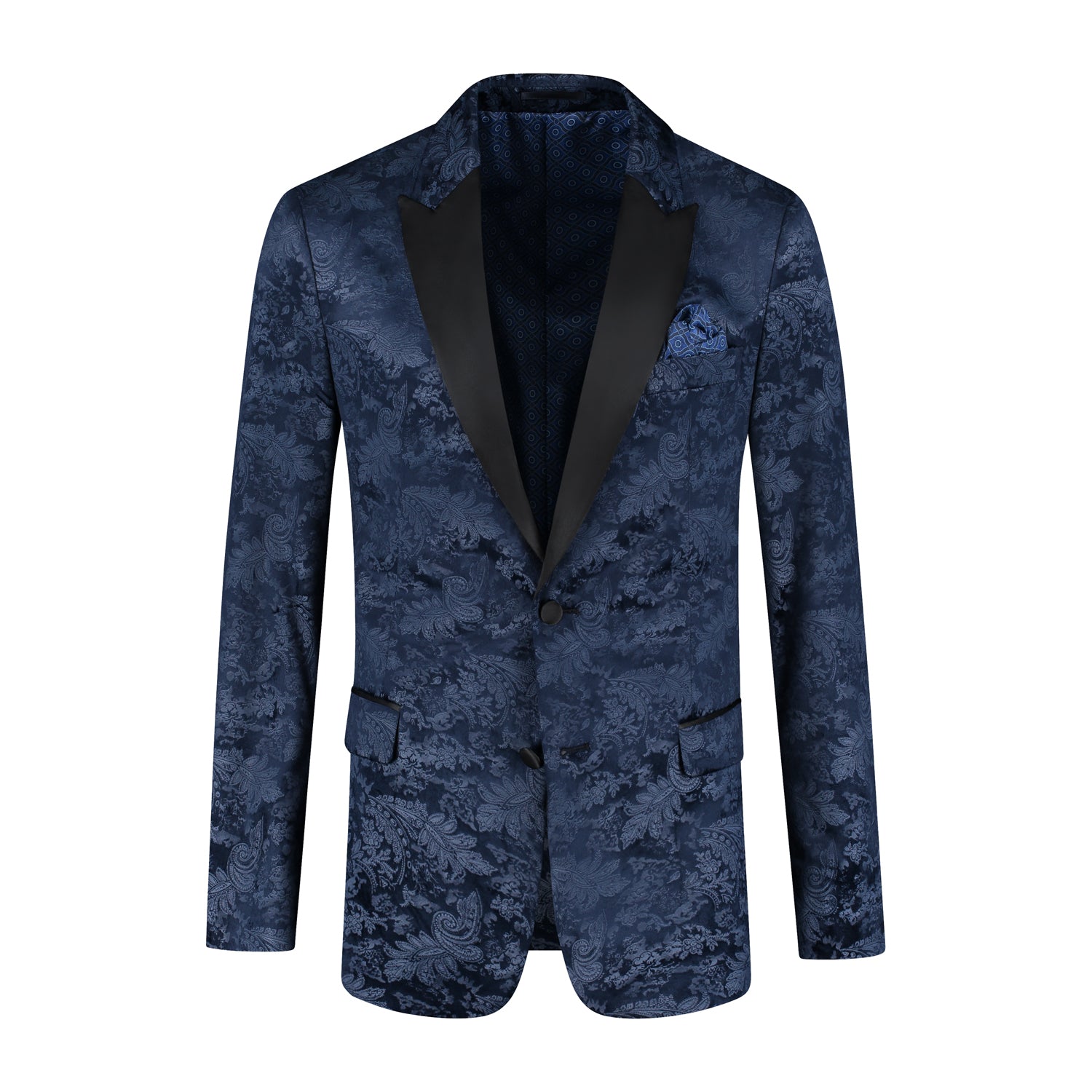 Dinnerjacket paisley velvet blauw met blauw paisley patroon en satijnen sjaalkraag.