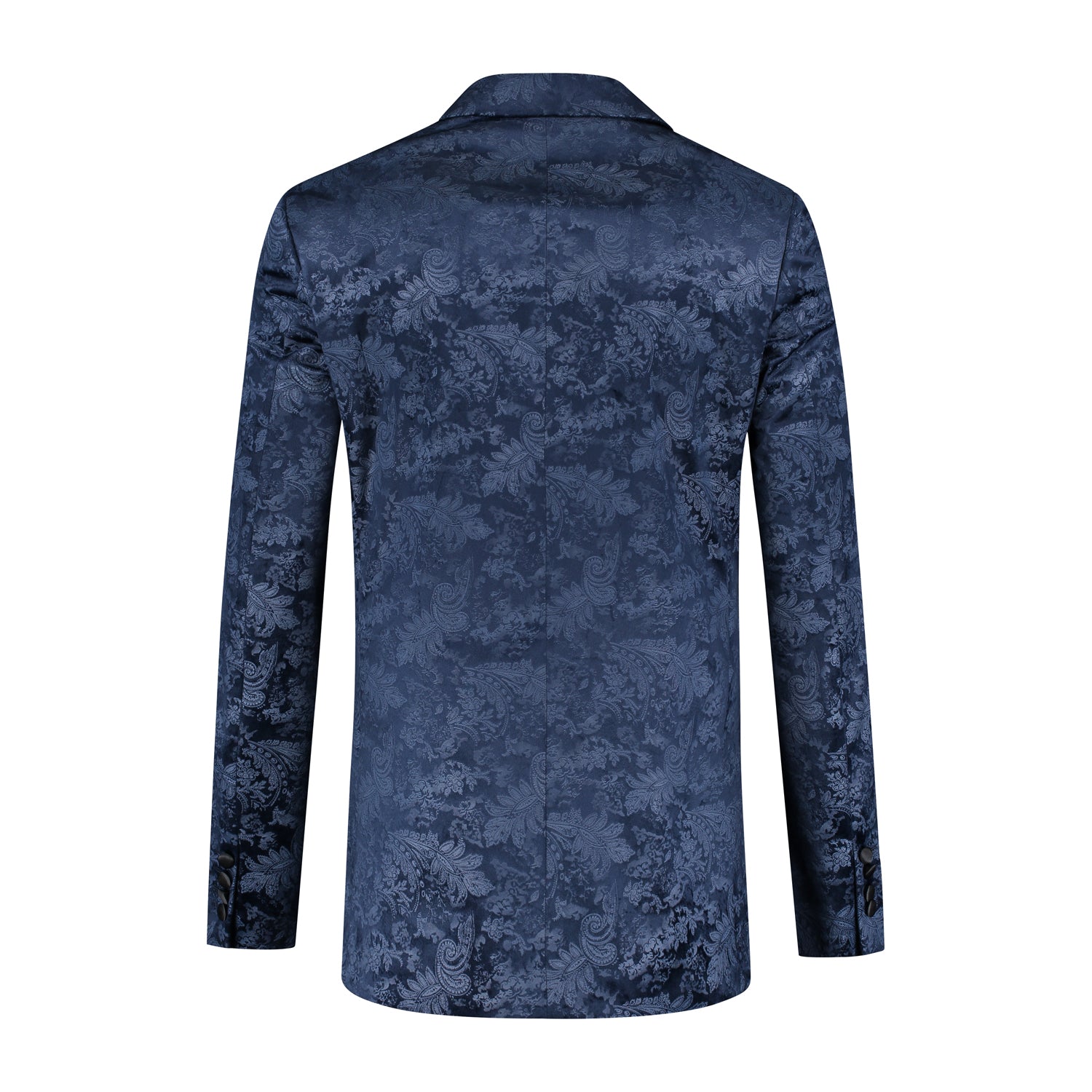 Dinnerjacket paisley velvet blauw achterkant met satijnen sjaalkraag en paisley patroon.