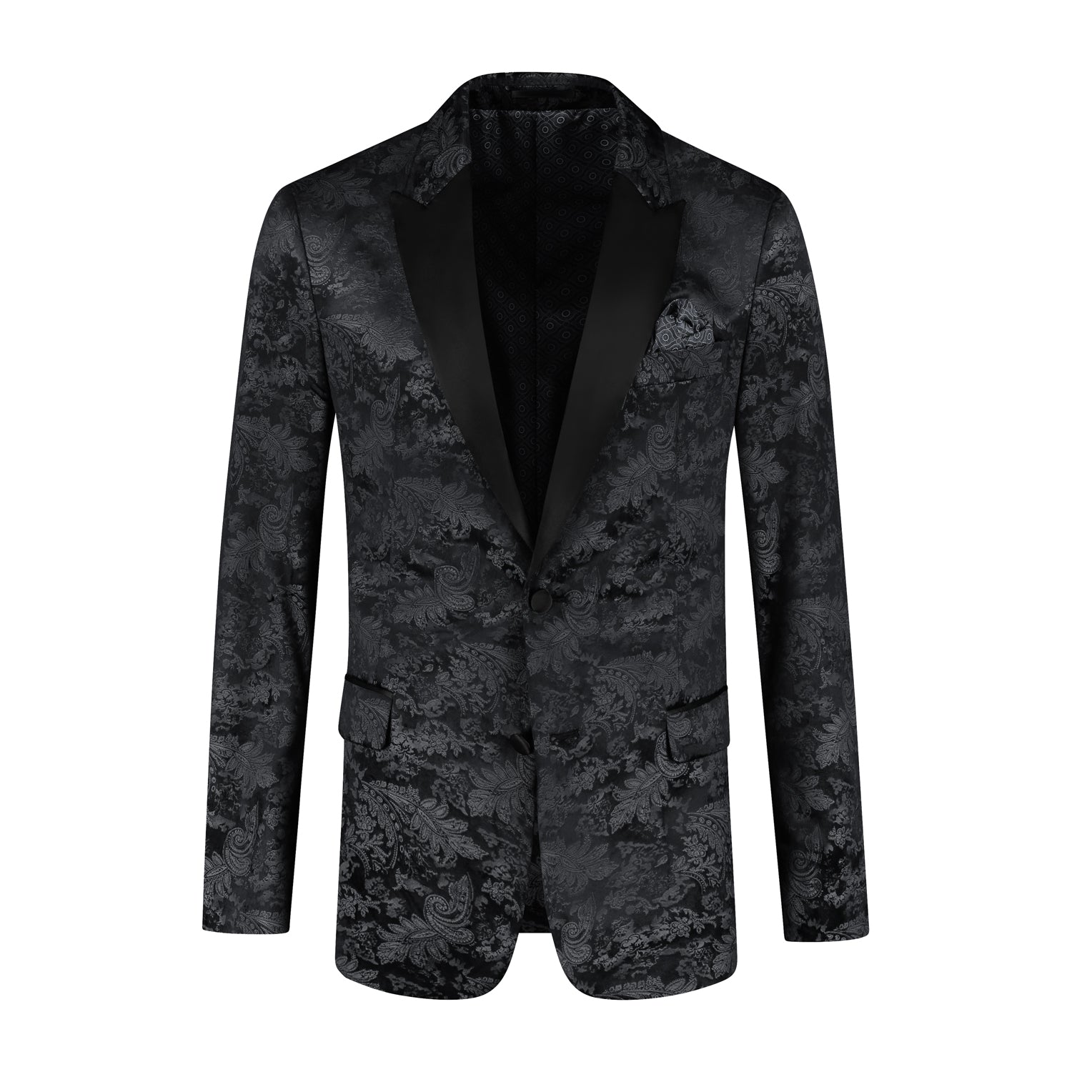 Dinnerjacket paisley velvet zwart - diepzwart paisley dinerjasje met satijnen sjaalkraag.