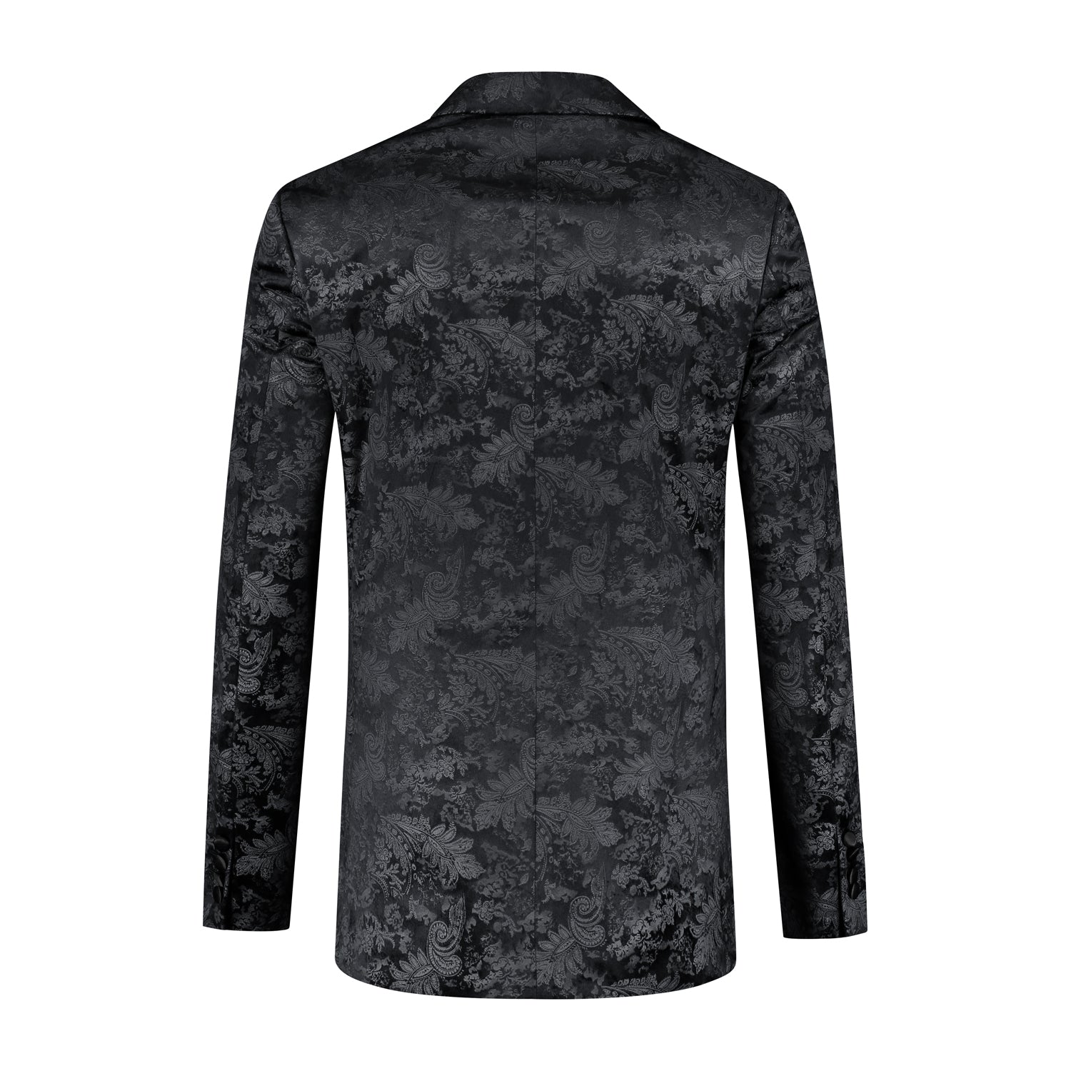 Dinnerjacket paisley velvet zwart, diepzwart paisley dinerjasje met satijnen sjaalkraag, achteraanzicht