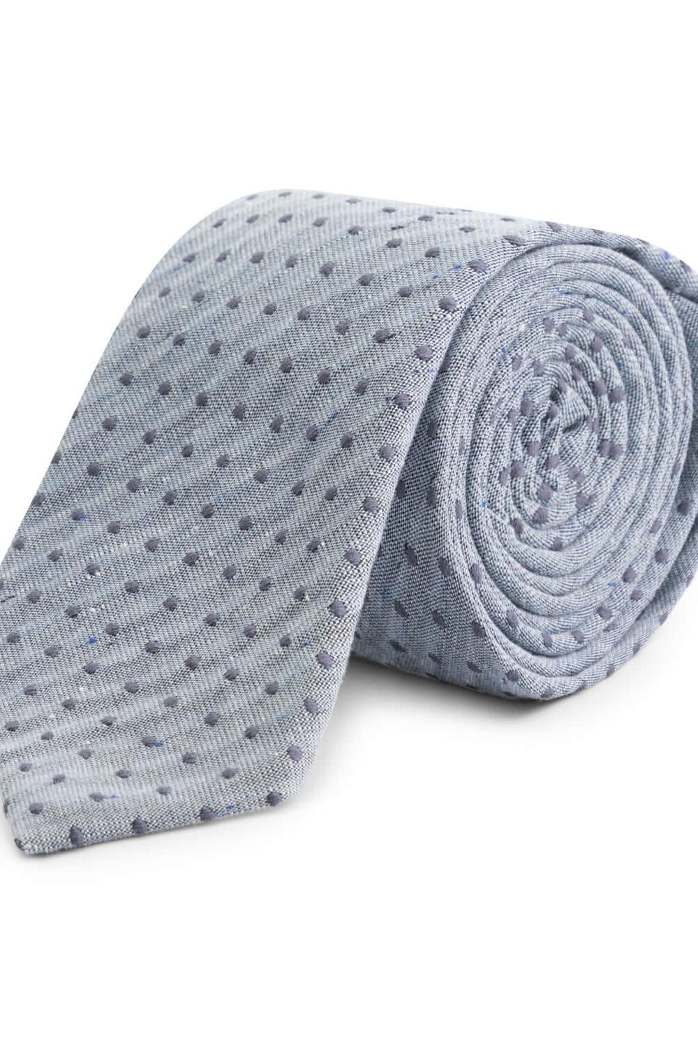 Stropdas zijde mix blauw met subtiel patroon, gemaakt van zijde-wol-katoen-polyester mix, ideaal voor kantoor.