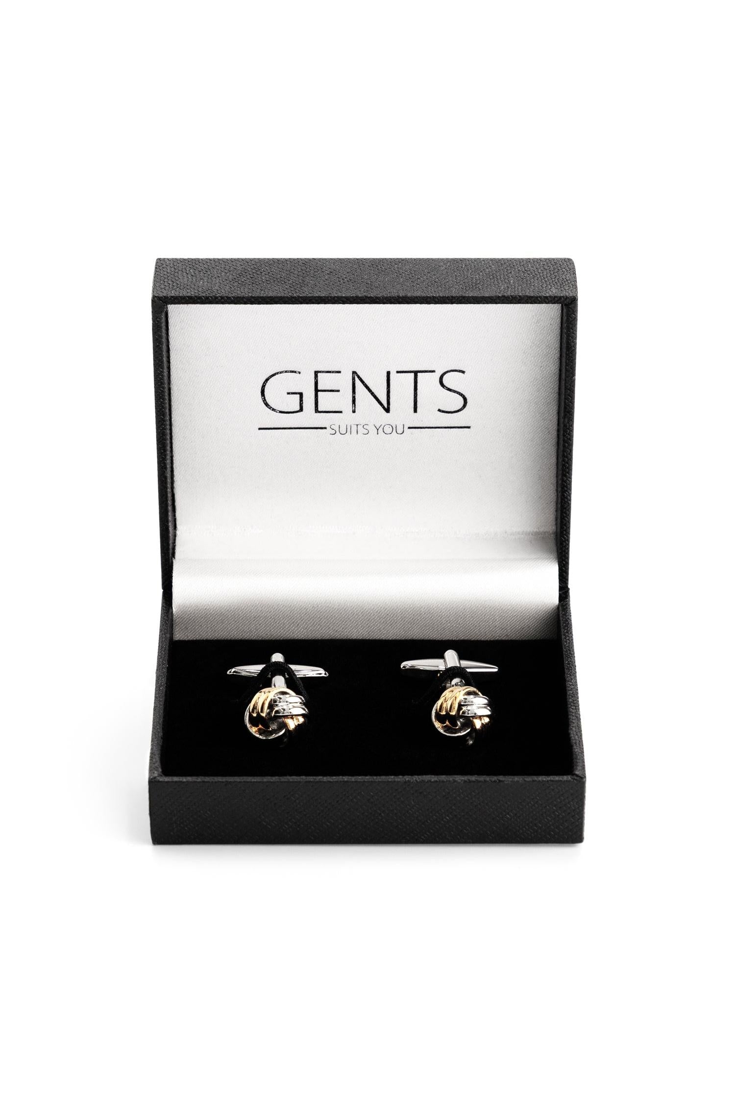Manchetknopen knot zilver-goud in luxe geschenkdoos met merknaam GENTS.