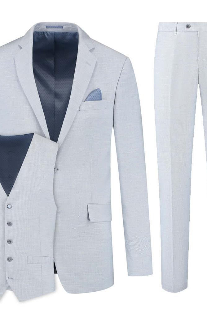 Pak 3-D structuur lichtblauw, driedelig pak met structuur in lichtblauwe kleur.