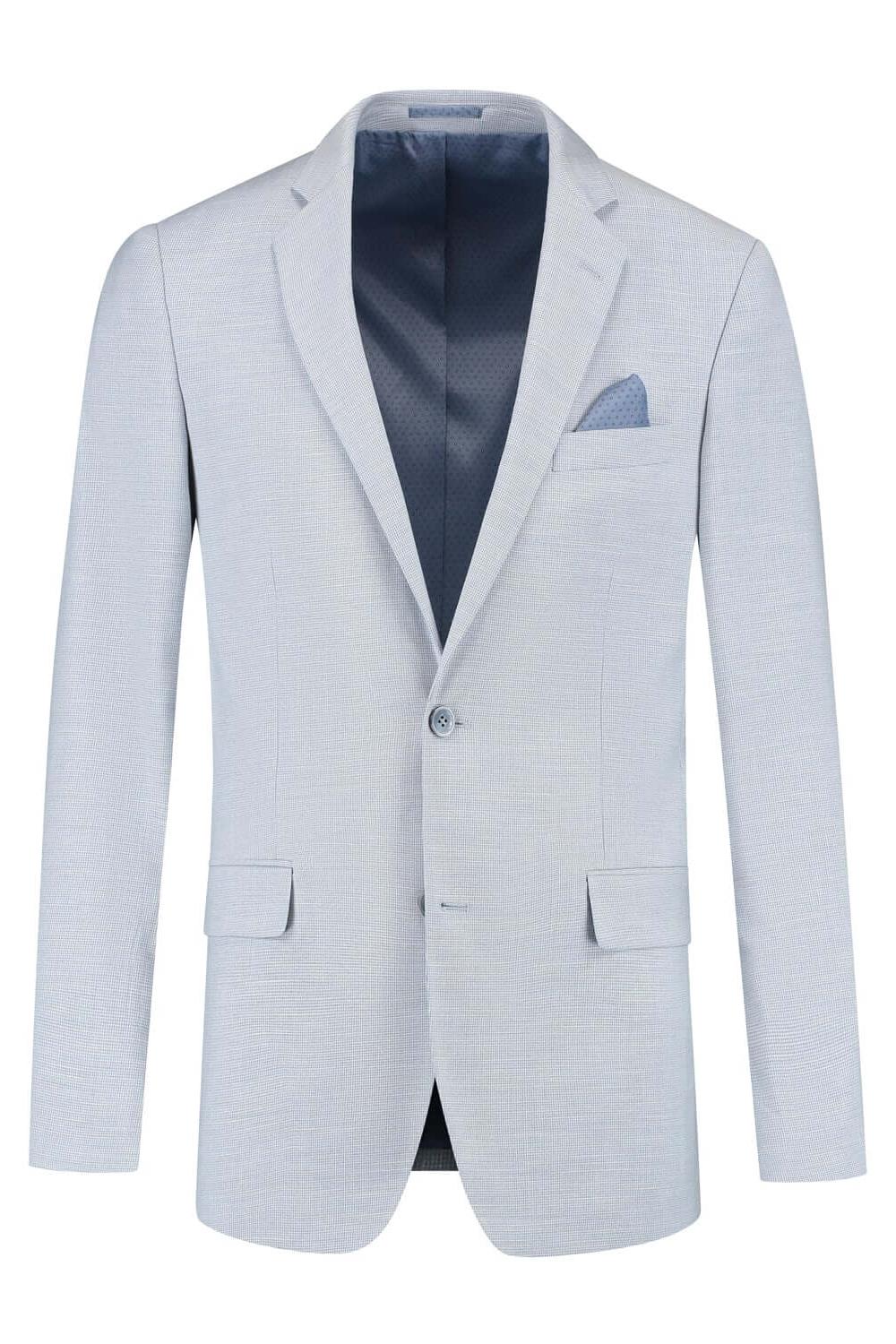 Pak 3-D structuur lichtblauw, driedelig pak met 3-D structuur, stijlvol en modern.