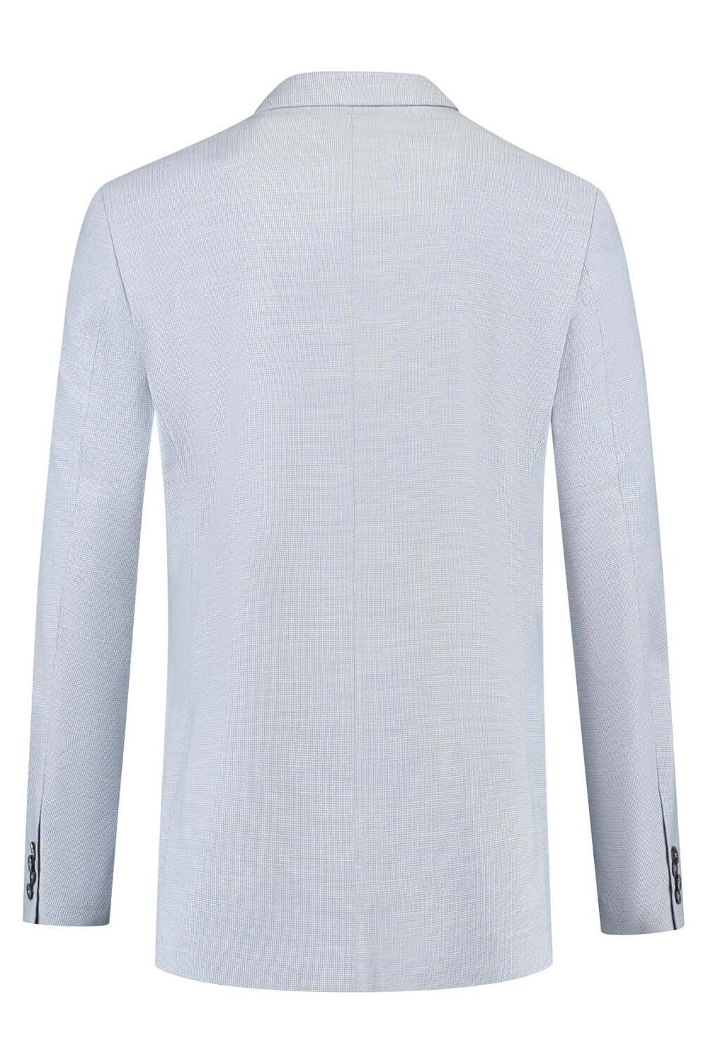 Pak 3-D structuur lichtblauw - achteraanzicht van het driedelige pak in lichtblauw met 3-D structuur.