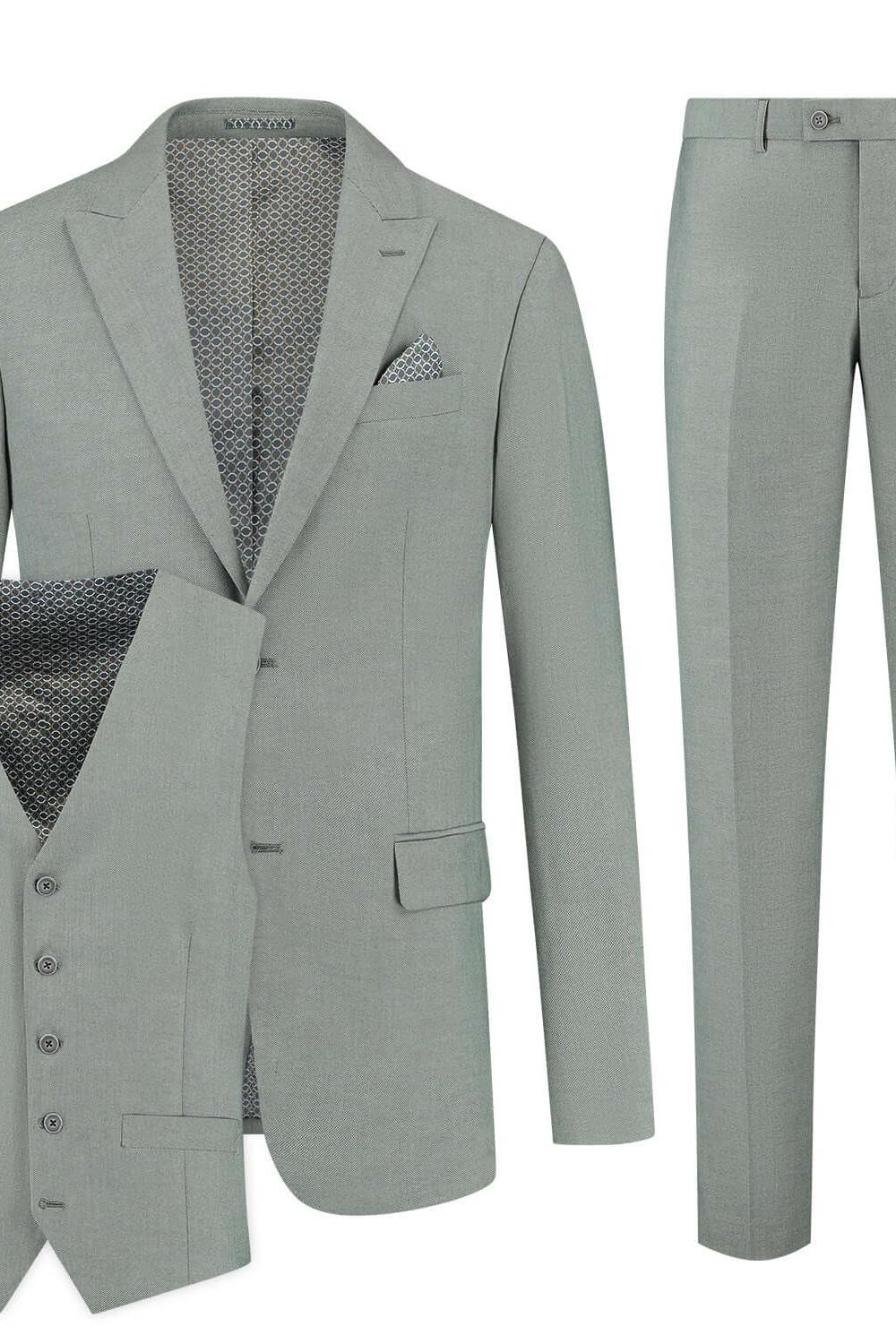 Pak 3-D blend amandelgroen in grijs voor formele gelegenheden, bestaande uit een jasje, vest en broek.