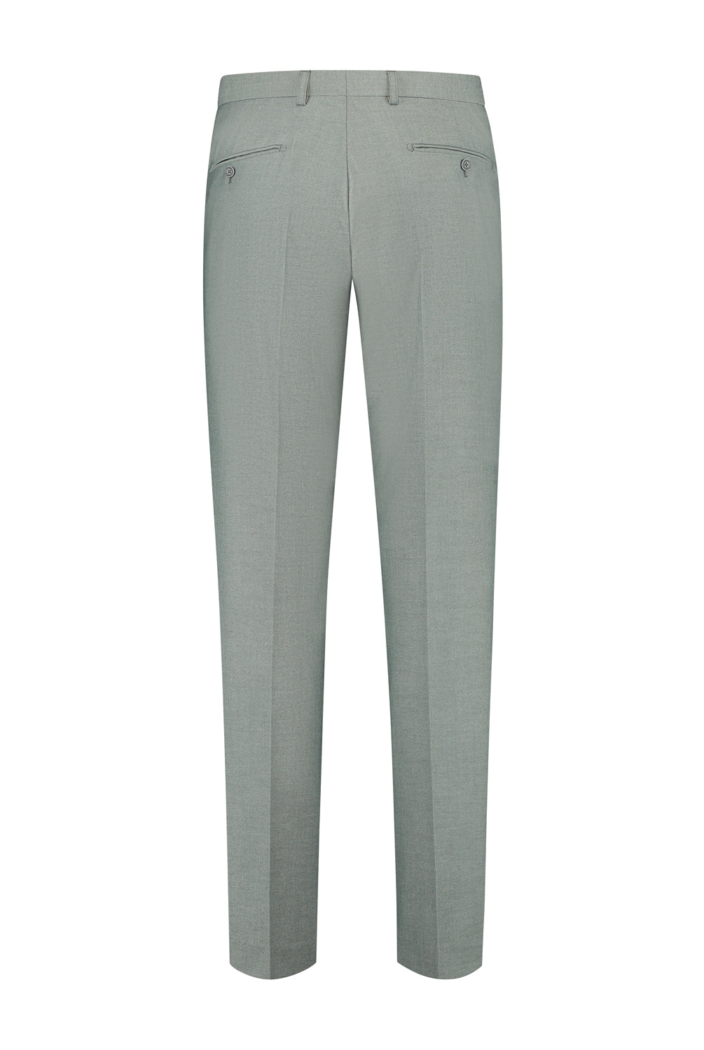Pak 3-D blend amandelgroen, achteraanzicht van de broek, perfect voor formele gelegenheden.