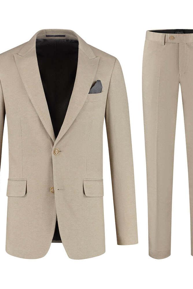Pak stretch dune beige, beige stretchpak met nette afwerking, herenpak, zakelijke outfit