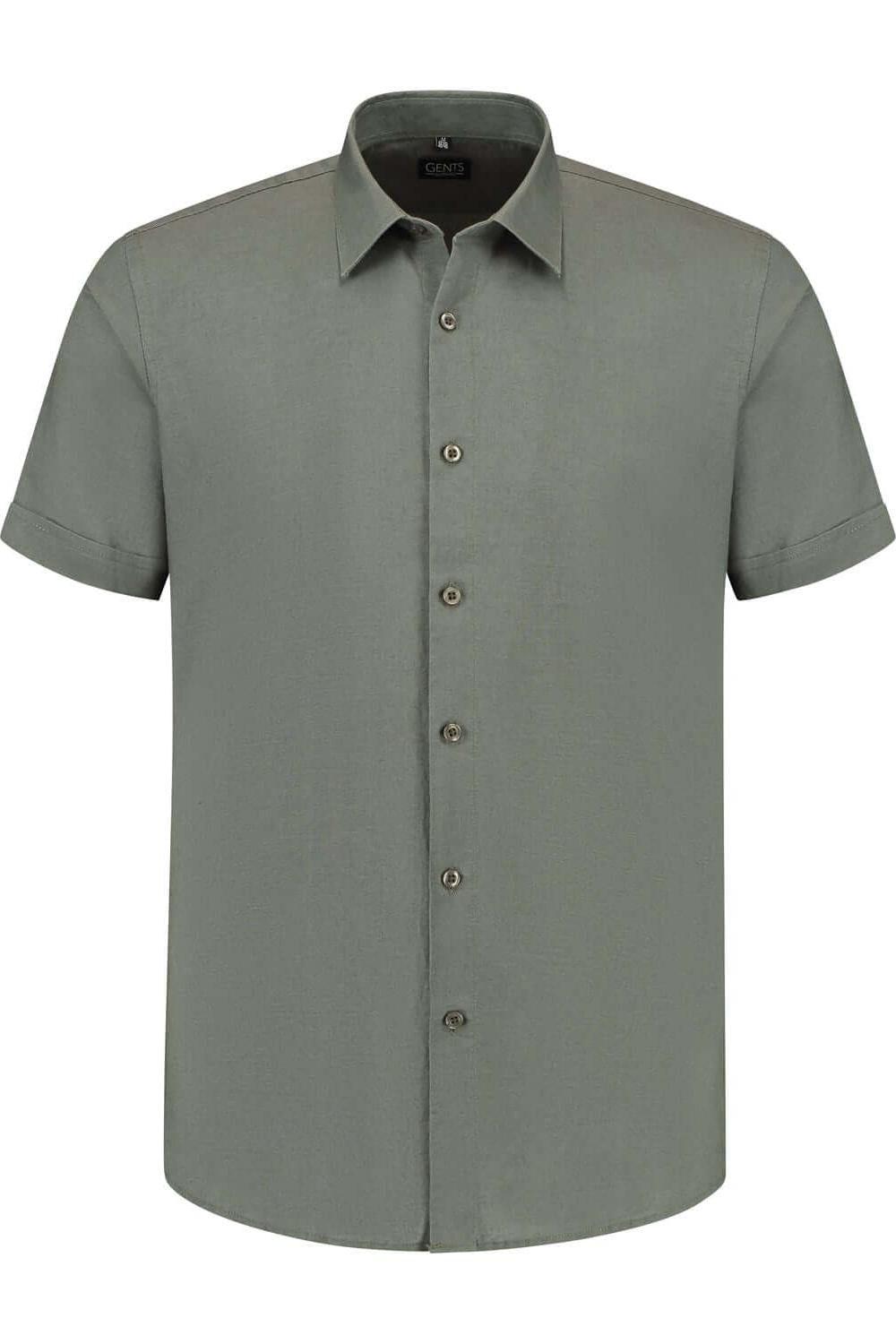 Korte mouw linnen katoen grijs-groen overhemd met ademende structuur en knopen.