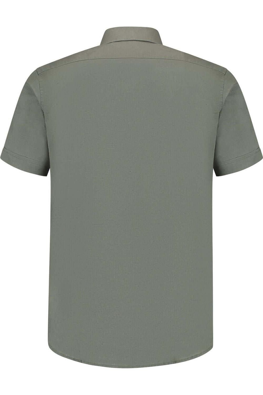 Korte mouw linnen katoen grijs-groen achteraanzicht van ademend overhemd.