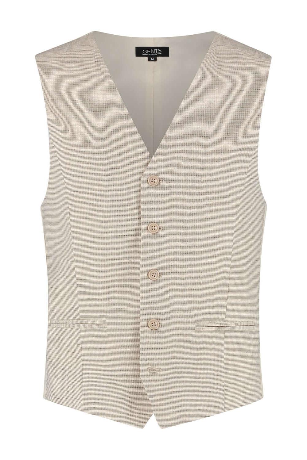 Gilet structuur zand, zandkleurig gilet met structuur en zijde-katoen-linnen mix.