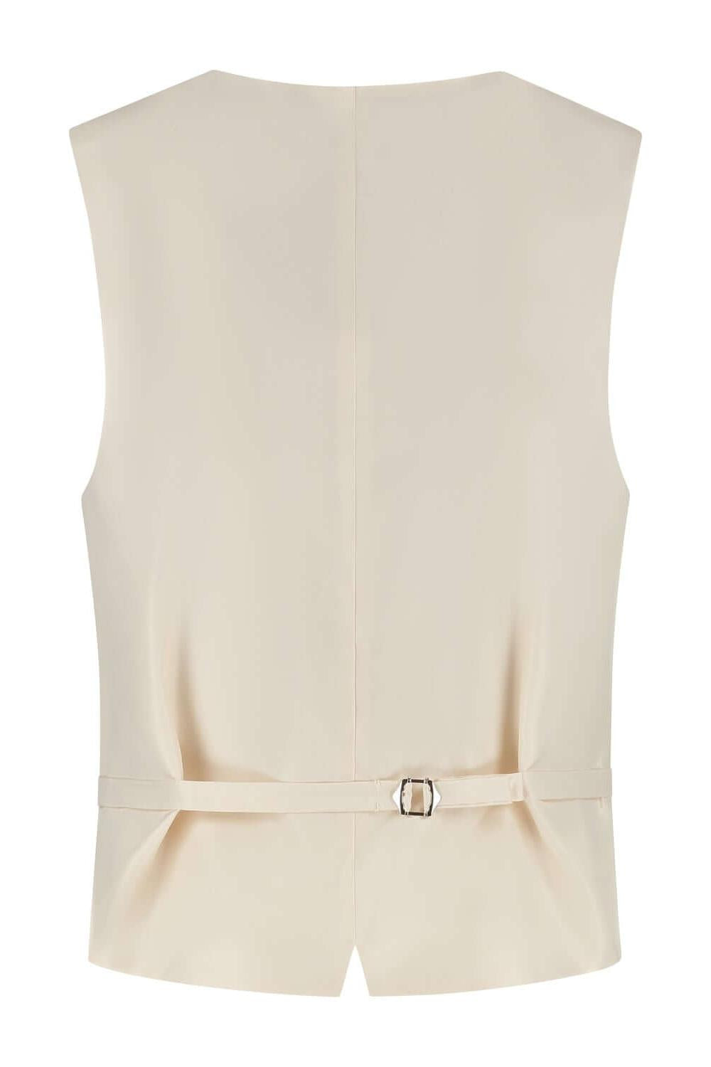 Gilet structuur zand, zandkleurig gilet met structuur, achterkantweergave.