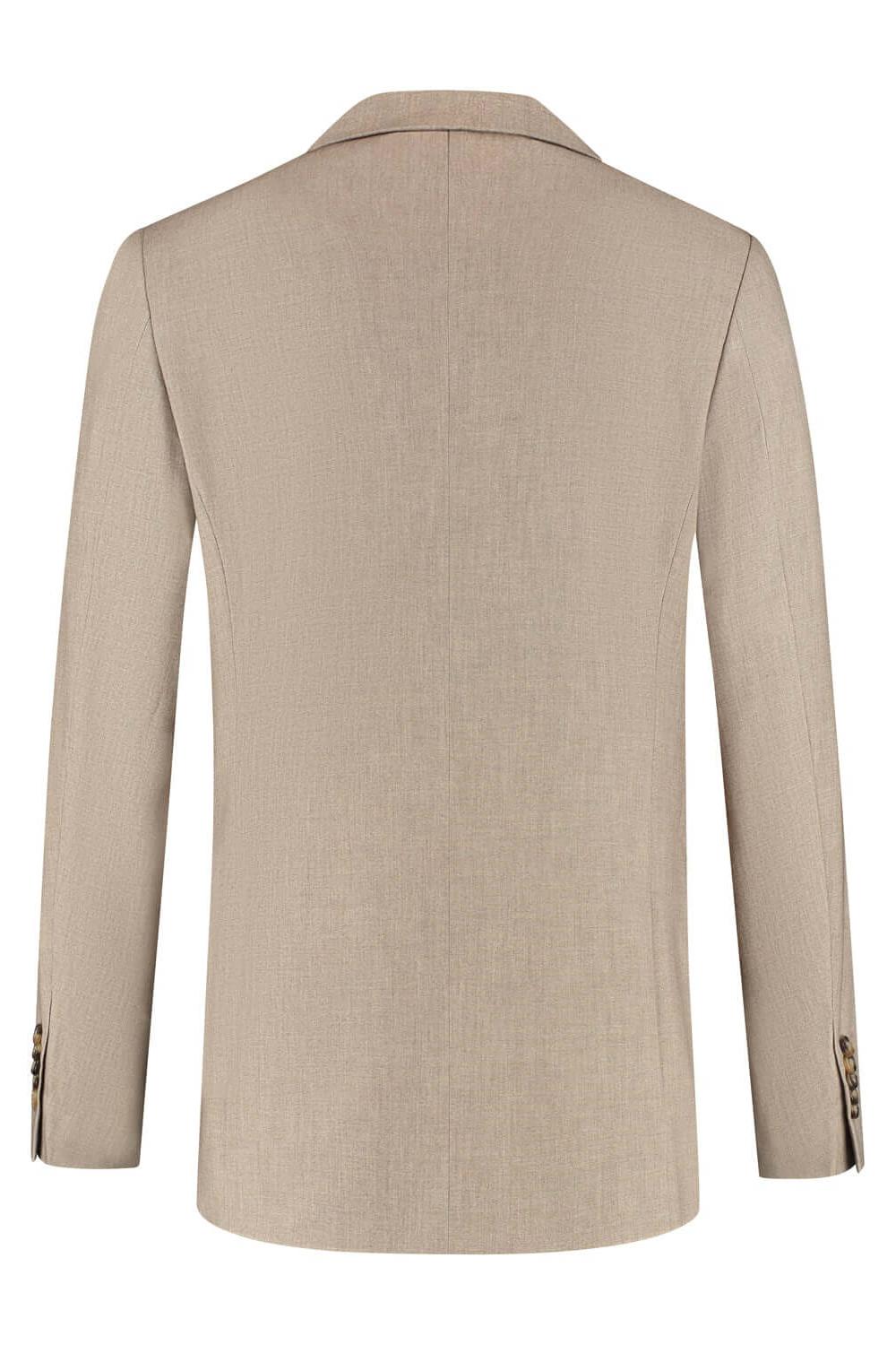 Pak cappuccino beige achteraanzicht van een wolmix pak met spandex en tencel.