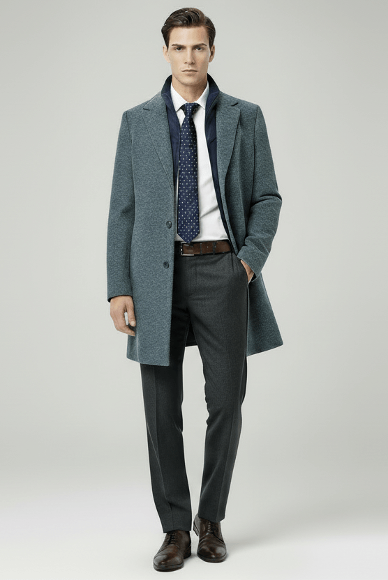 Coat windvanger melange blauwgrijs worn by a model, showcasing windproof fabric and practical pockets.