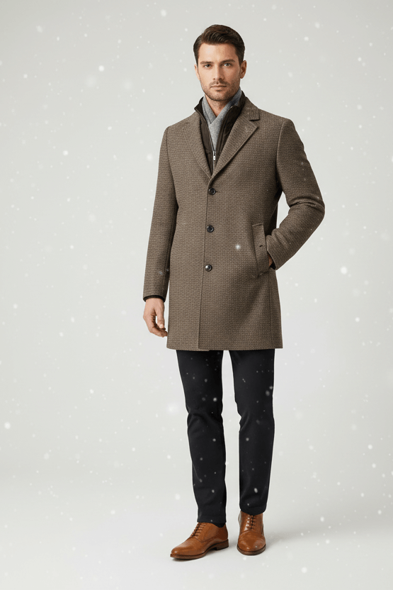 Coat windvanger miniruit bruin model wearing warm wool blend coat in snow.