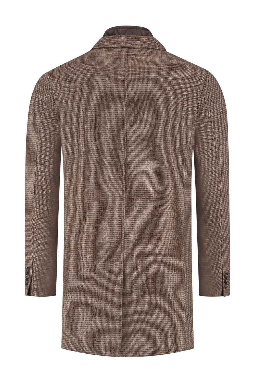 Coat windvanger miniruit bruin, bruine windvanger met miniruit patroon en warme wolblend, achteraanzicht.
