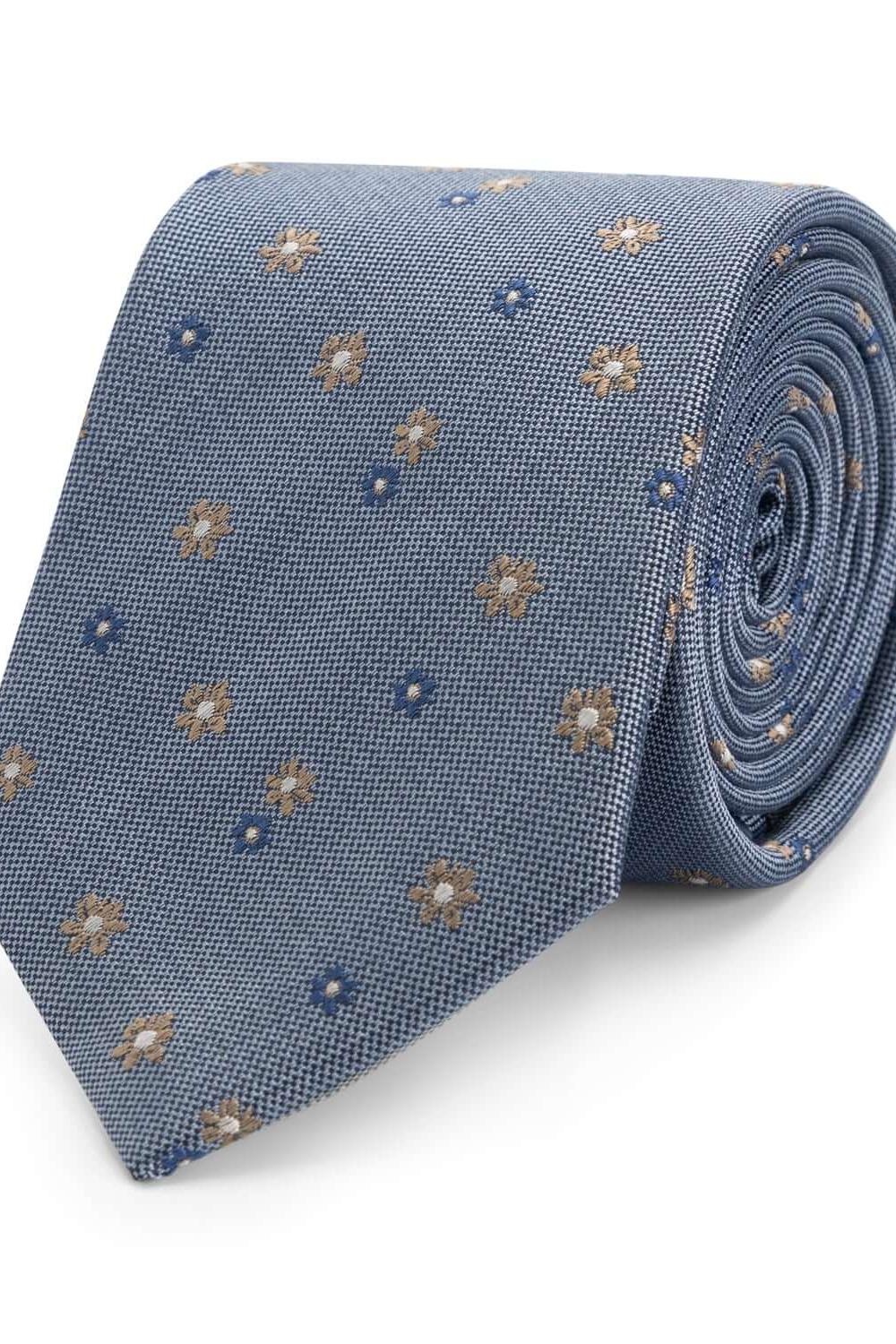 Stropdas zijde print bloem blauw, elegante blauw bloemendessin op een glanzende zijden stropdas.