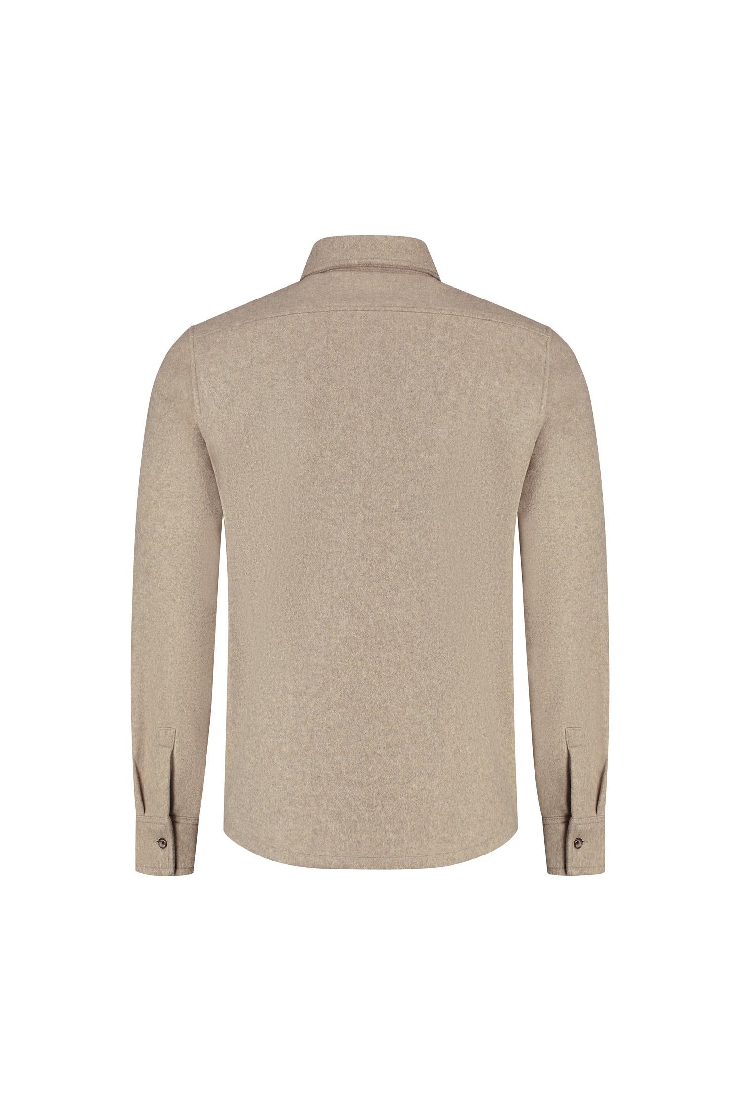 A back view of an Overshirt beige with long sleeves, collar, and button details.