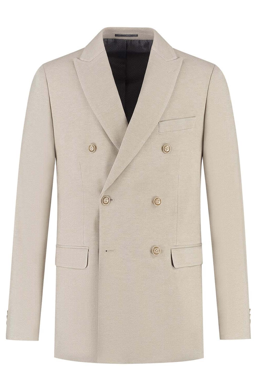 Pak 2-rij stretch dune beige, beige tweedelig stretch-pak met moderne snit en uitstraling.