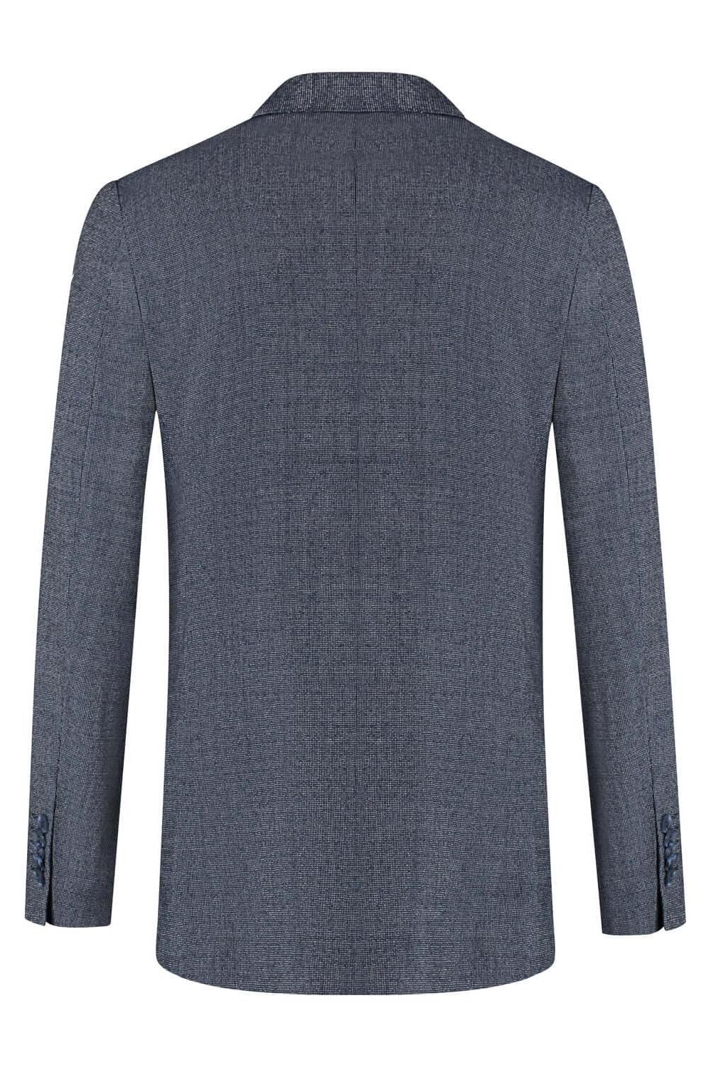 Pak 2-delig nailhead blauw achteraanzicht van het jasje met 2-knoopsluiting en wol.