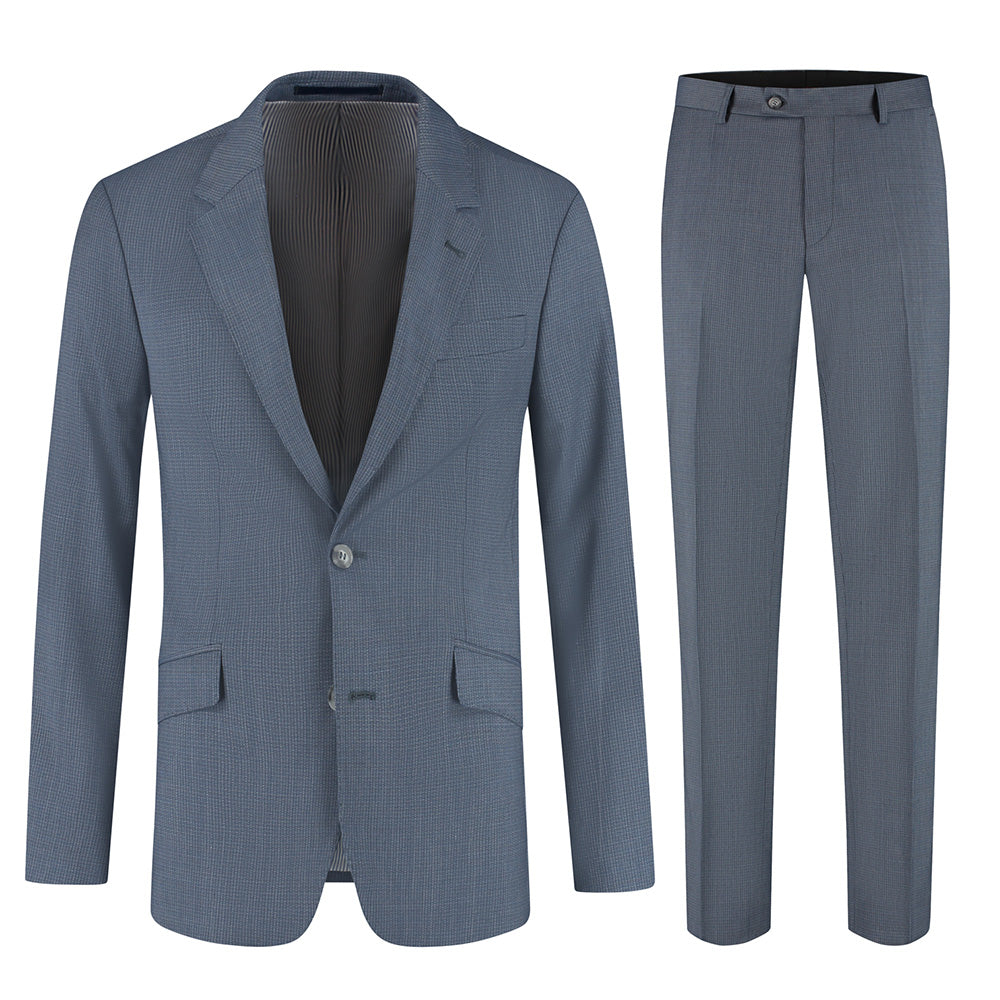Pak 2-delig miniruit blauw-grijs wolblend tweedpak met notch revers, elegante outfit voor speciale gelegenheden.