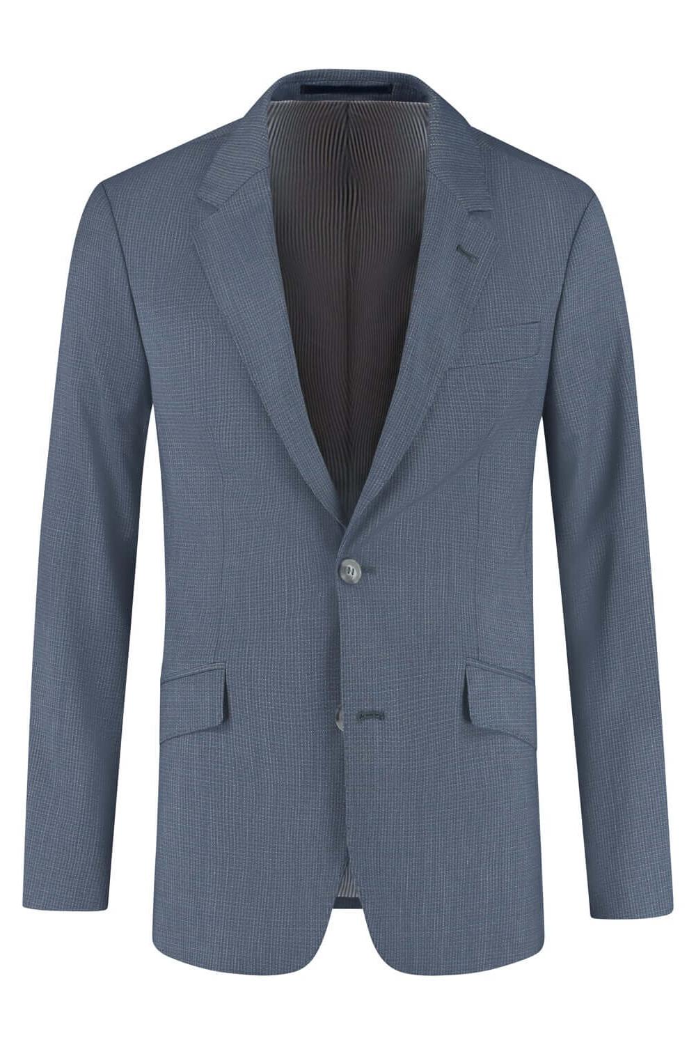 Pak 2-delig miniruit blauw-grijs wolblend tweedblazer met notch revers en moderne uitstraling.