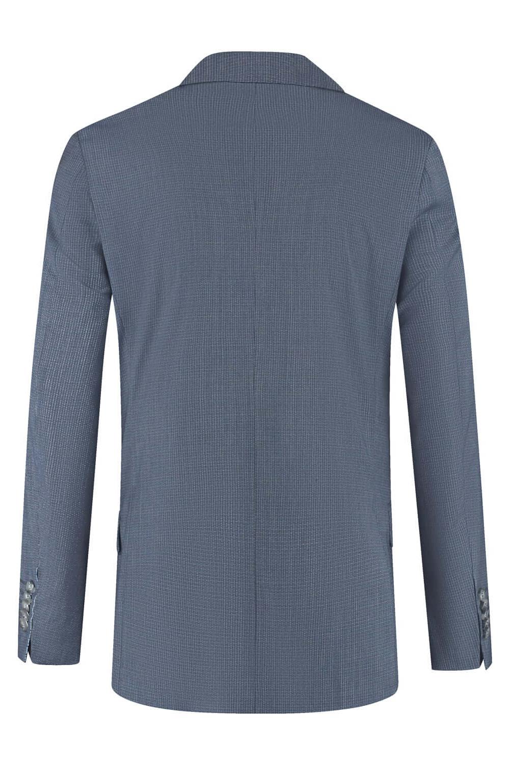 Pak 2-delig miniruit blauw-grijs achterzijde van het blazer in blauw-grijze wolblend tweed.