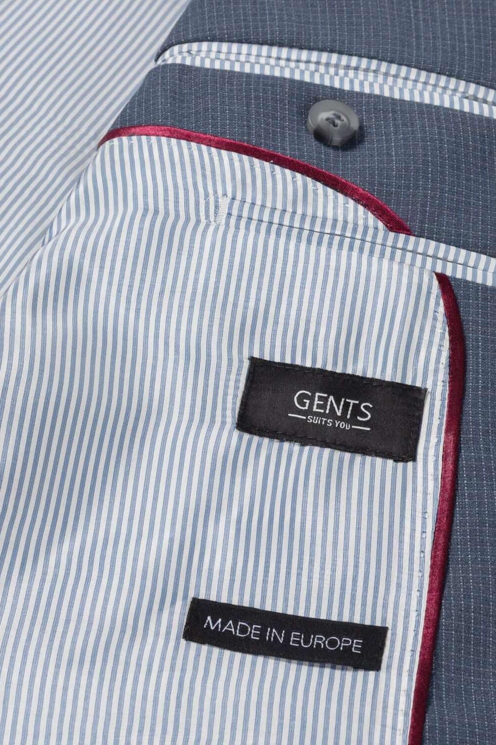 Binnenzijde van het Pak 2-delig miniruit blauw-grijs met labels GENTS en MADE IN EUROPE.