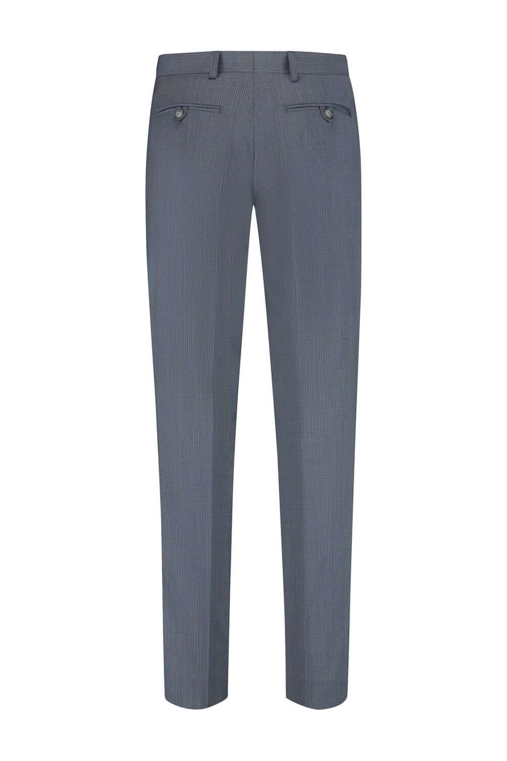 Pak 2-delig miniruit blauw-grijs: achterzijde van de medische broek met zakelijke pasvorm en miniruit patroon.