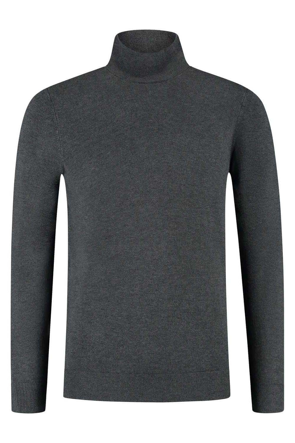 Turtle neck donkergrijs: donkergrijze koltrui met hoge rolkraag, gebreid en stijlvol.